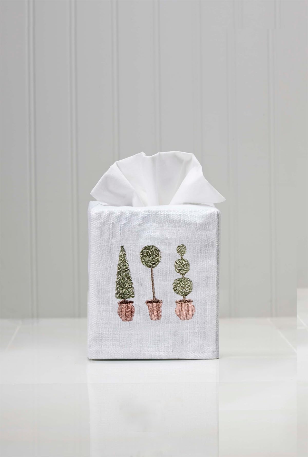 Jacaranda Living Square Tissue Box Cover - Linen Cotton Fabric Tissue Holder with Botanical Three Topiary Trees Design (Olive) - Decorative Cloth Tissue Cube Cover for Living Room, Bedroom & Office Decor
