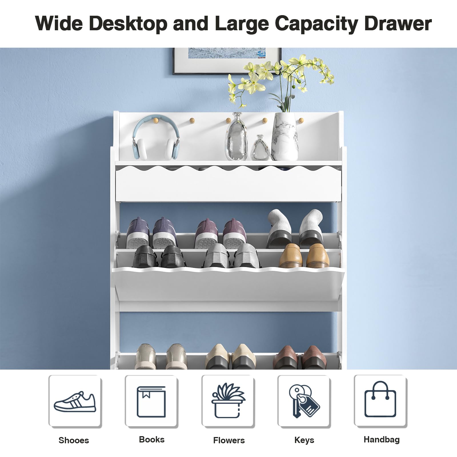 Anmytek White Shoe Storage Cabinet with 2 Flip Drawers & Drawers - Narrow Freestanding Hidden Wood Shoe Organizer for Entryway, Hallway, Living Room - Perfect for Small Spaces, Apartment Entry, and Closet Organization