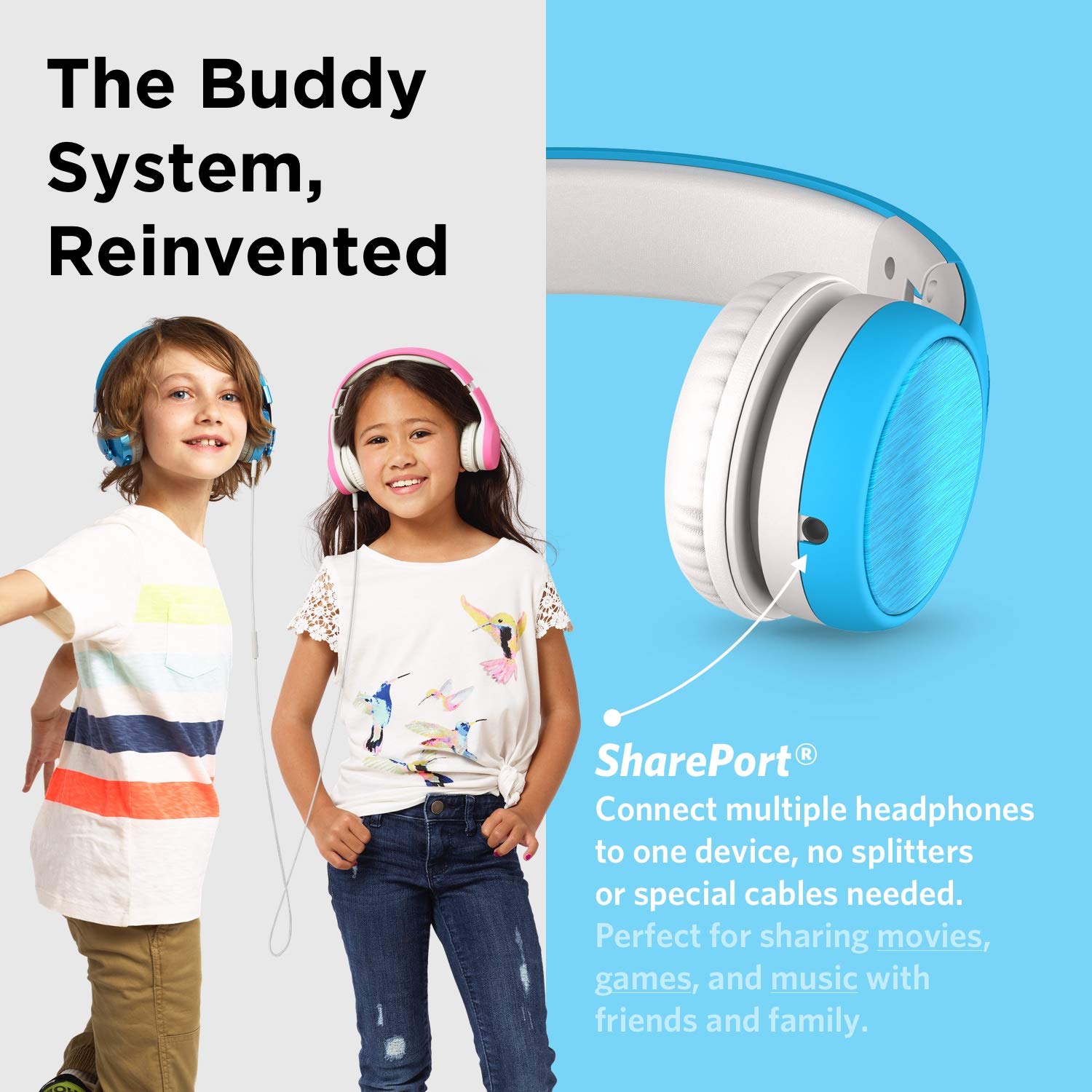 LilGadgets Connect+ Style On-Ear Kids Headphones with Microphone - SharePort Technology, SoftTouch Padding, Detachable Cable, Noise Reduction, Durable & Adjustable - Blue Headphones for Boys & Girls - Perfect for School, Travel, and Online Learning