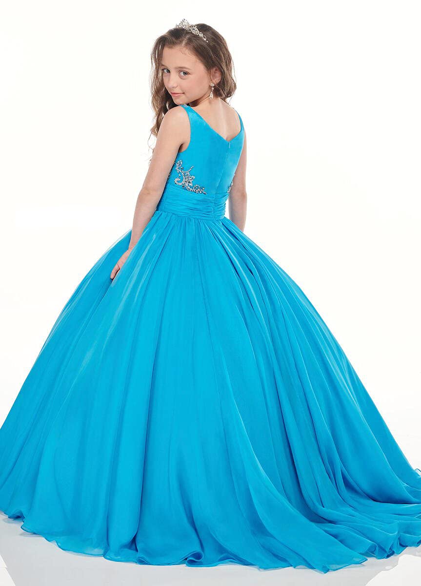 Elegant V-Neck Chiffon Pageant Dress for Girls - Princess Birthday Party Gown with Flowy Cape - Formal Ball Dress in Aqua Blue (Size 12) | Perfect for Pageants, Quinceañeras, Prom & Special Occasions