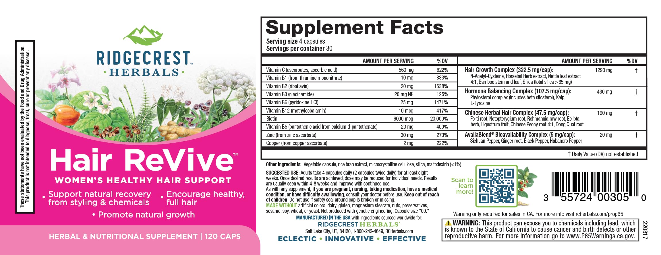 RidgeCrest Herbals Hair ReVive - Hair Growth Supplement with Biotin 6000mcg, Vitamin C, Zinc & Copper - Supports Healthy Hair, Skin & Nails for Women - 120 Capsules (30 Servings) - Perfect for Thinning Hair & Daily Hair Care Routine