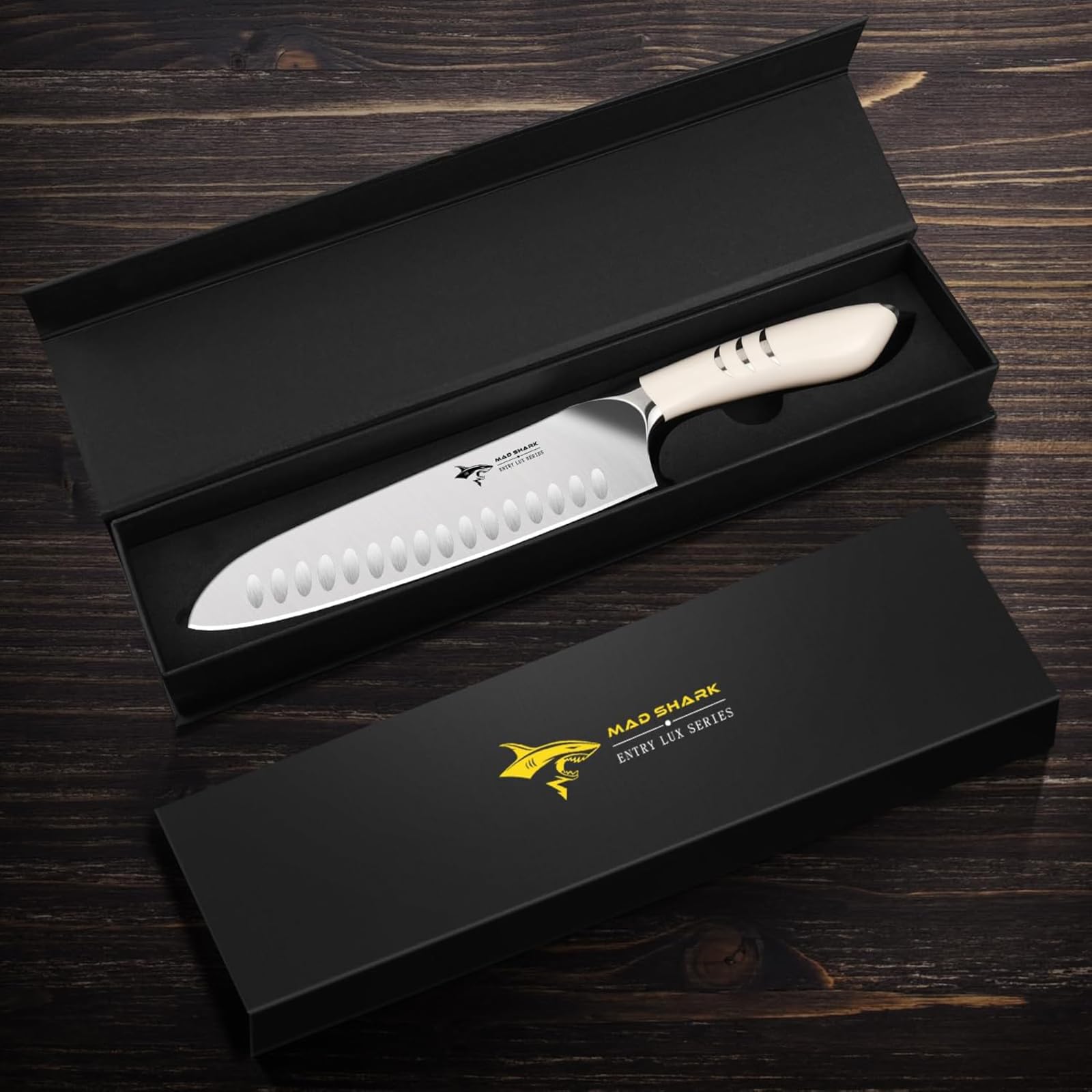 MAD SHARK 8 Inch Santoku Knife - Ultra Sharp Japanese Kitchen Knife with High Carbon German Steel & Ergonomic Handle - Perfect for Chopping, Slicing, and Dicing - Ideal Gift for Home Chefs and Cooking Enthusiasts