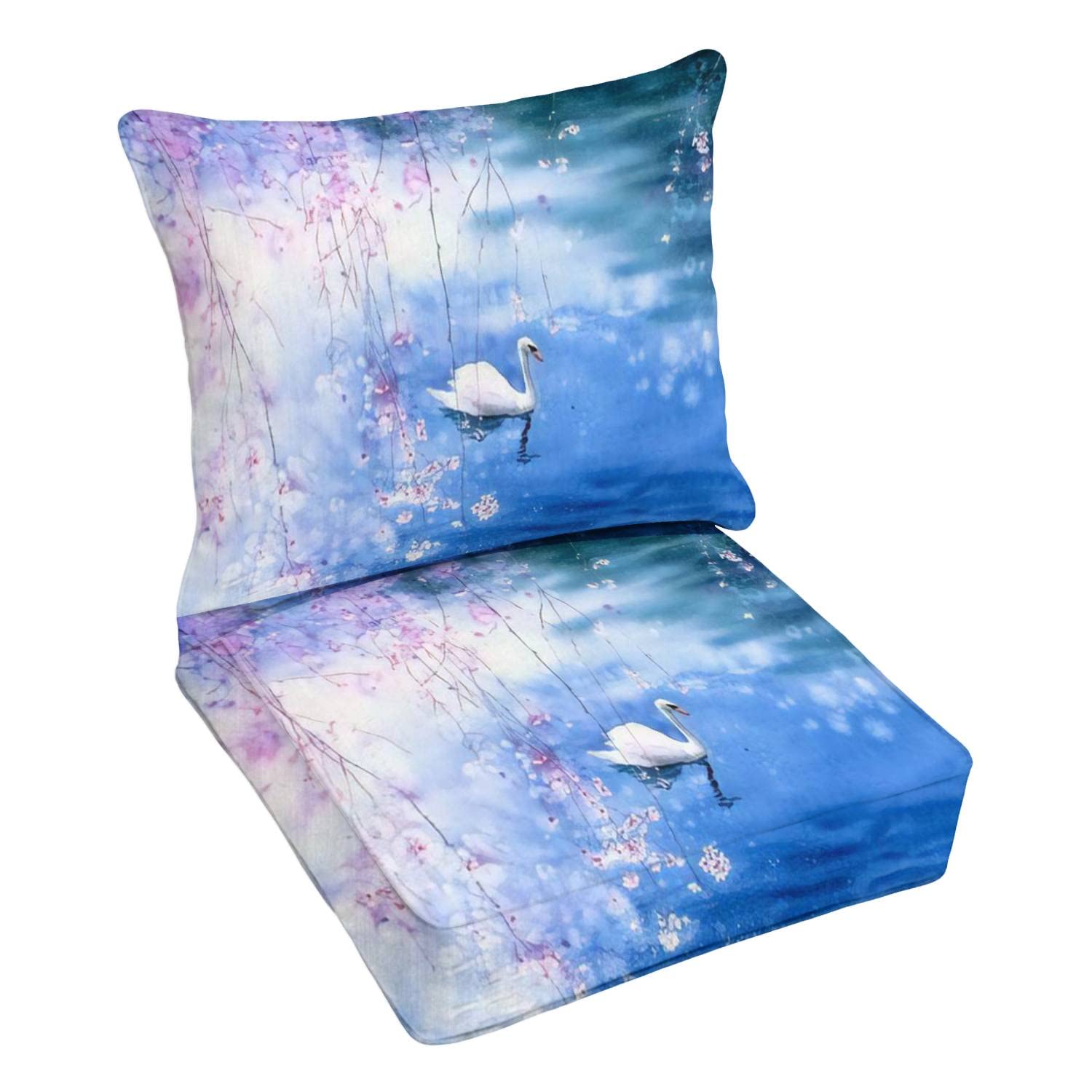 Premium Outdoor Deep Seating Cushion Set - Watercolor Swan Lake with Cherry Blossom Design - Elegant Patio Furniture Replacement Cushions for Lounge Chairs - Perfect for Garden, Poolside, and Backyard Relaxation