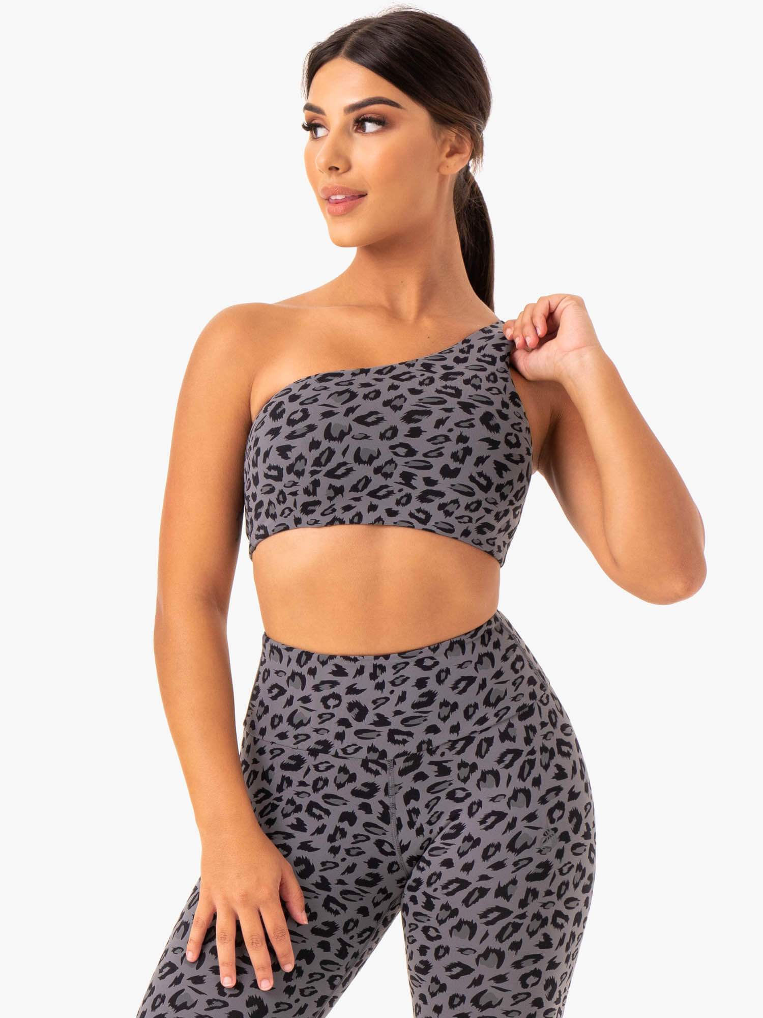 Adapt One Shoulder Sports Bra - Grey Leopard Print - Workout, Yoga & Running Support - Comfortable & Stylish Activewear for Women