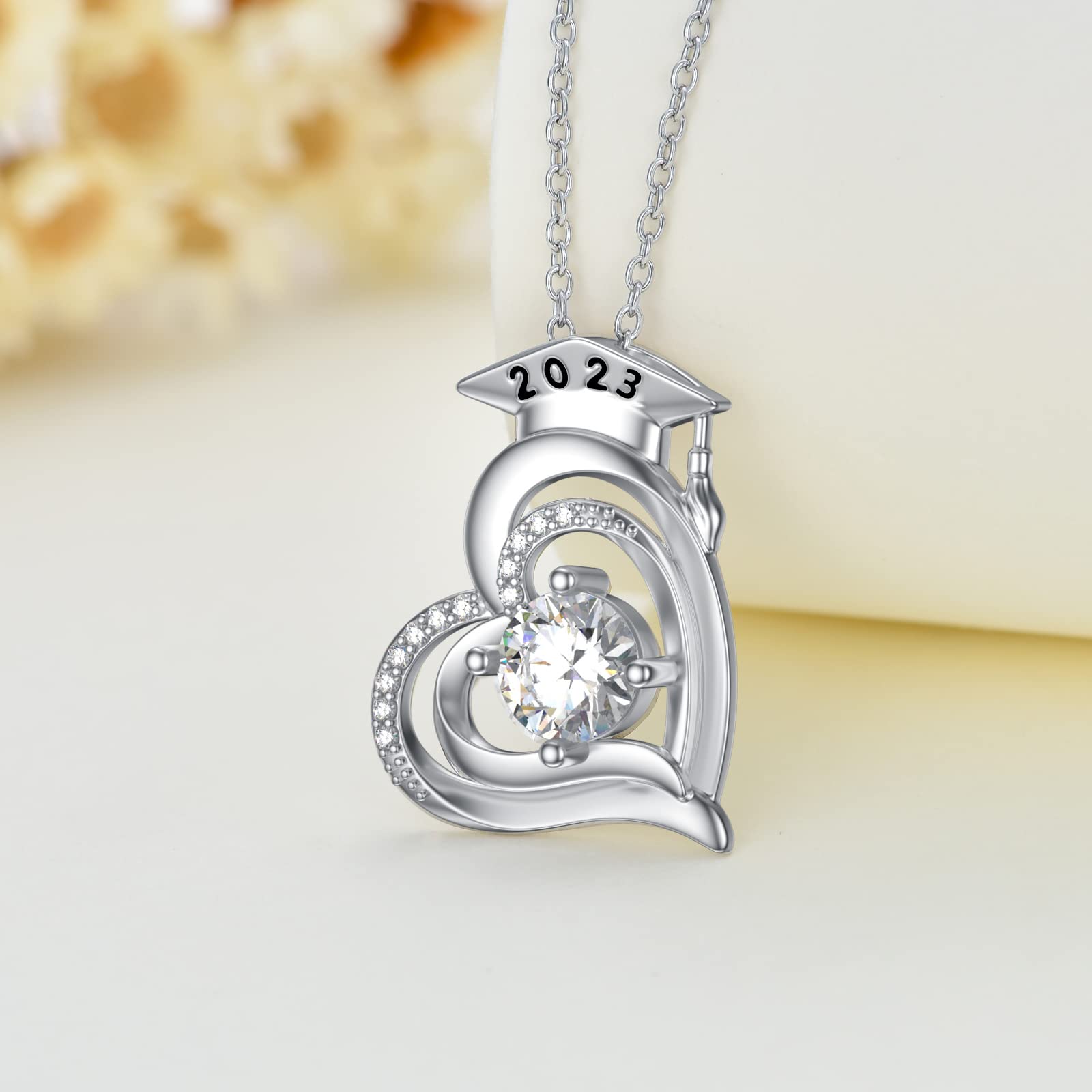 14K White Gold Plated 925 Sterling Silver Graduation Necklace for Women - Natural Diamond Heart Pendant with 2023/2022 Graduation Cap Charm, 18''+2'' Chain - Perfect Graduation Gift for Her, Daughter, Sister or Friend - Ideal for Commencement Ceremonies, Graduation Parties & Special Occasions