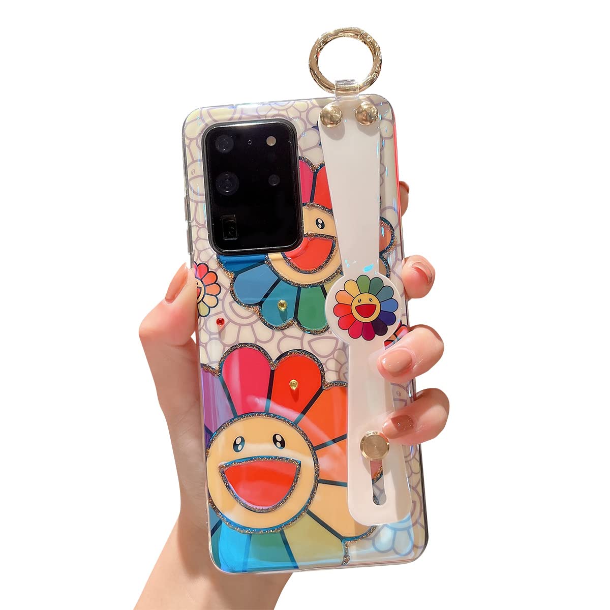 Cute Shockproof Samsung Galaxy S20 Ultra Case with Wrist Strap & Kickstand - Glitter Bling Cartoon IMD Soft TPU Protective Phone Cover for Women & Girls (Sunflower Design) | Perfect for Daily Use, Work & Travel Protection