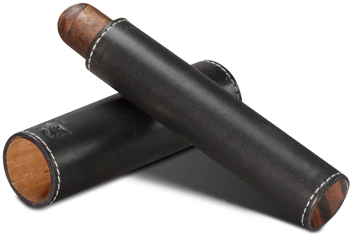 Premium Cigar Tube - Sunrise Black Leather & Ebony Wood Case - Travel Humidor for Cigars - Perfect for Outdoor, Gifts & Luxury Storage