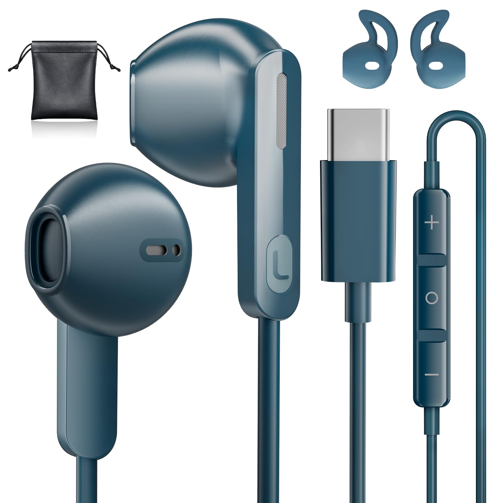 USB C Wired Headphones with Mic & Volume Control - Compatible with iPhone 15 Pro, Samsung Galaxy S24/S23/S22/S21 Ultra, iPad Pro, Pixel 8 Pro/7a & OnePlus 12/11 - Stereo Sound & Clear Calls for Work, Gaming & Music Listening