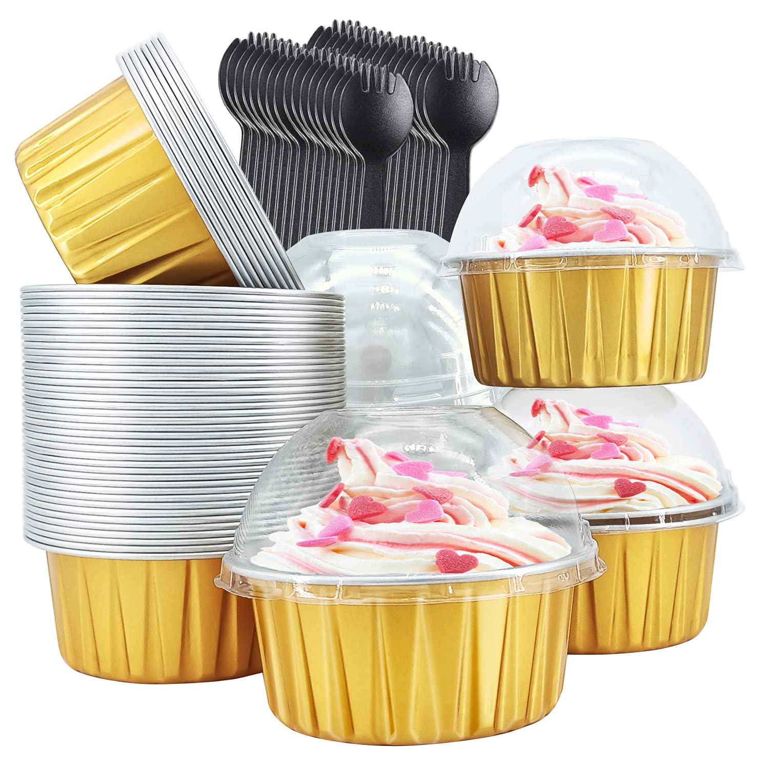 Premium 5oz Aluminum Cupcake Liners with Dome Lids - 50 Pack Disposable Foil Baking Cups & Muffin Tins - Jumbo Ramekins for Baking, Wedding, Birthday Party - Includes 50 Gold Spoons - Perfect for Home Baking, Catering & Special Events