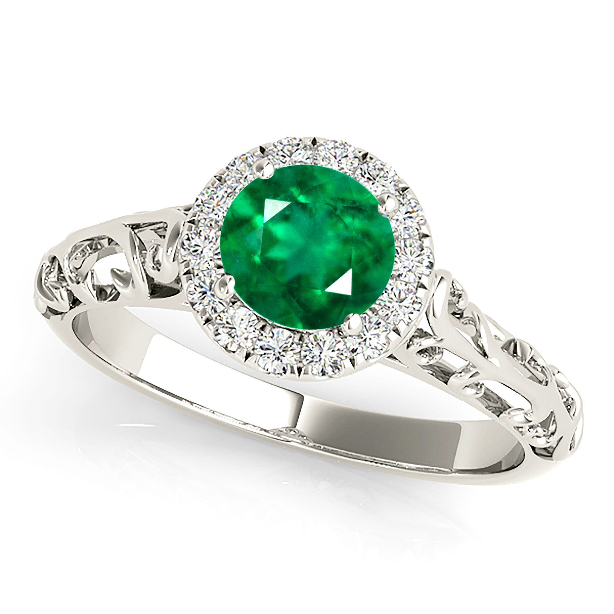 1.00 Carat Genuine Emerald Halo Ring with Hand-Carved Solid Gold Floral Band – Elegant Jewelry for Weddings, Anniversaries & Special Occasions