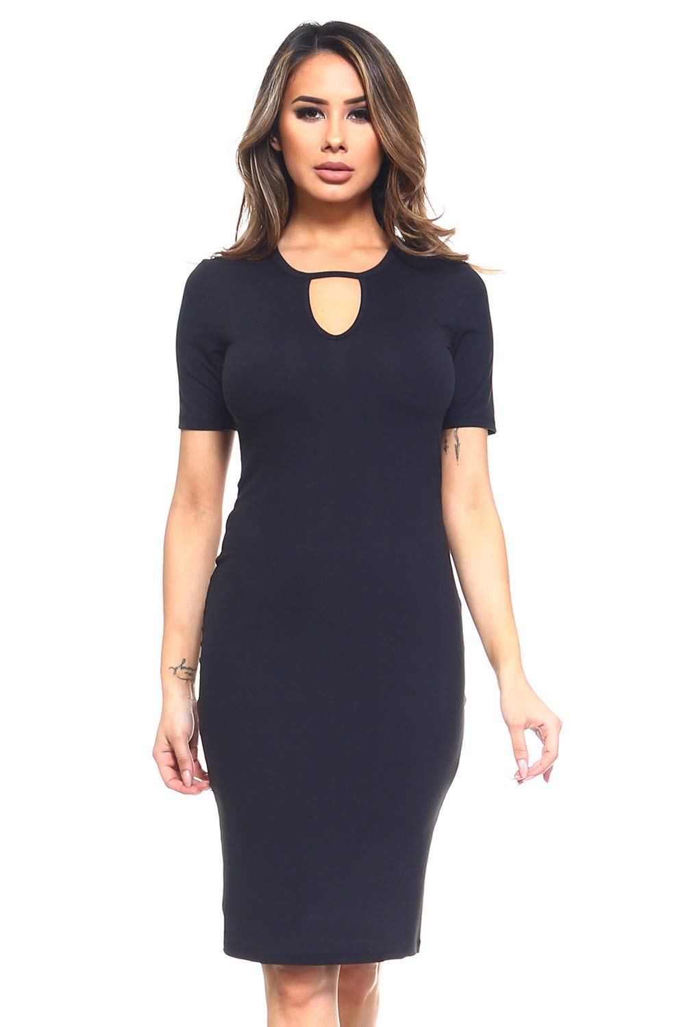 Women's Keyhole Short Sleeve Midi Bodycon Dress - Sexy Casual Work Dress for Office, Party & Date Night | Stretchy Slim Fit Summer Dress for Women