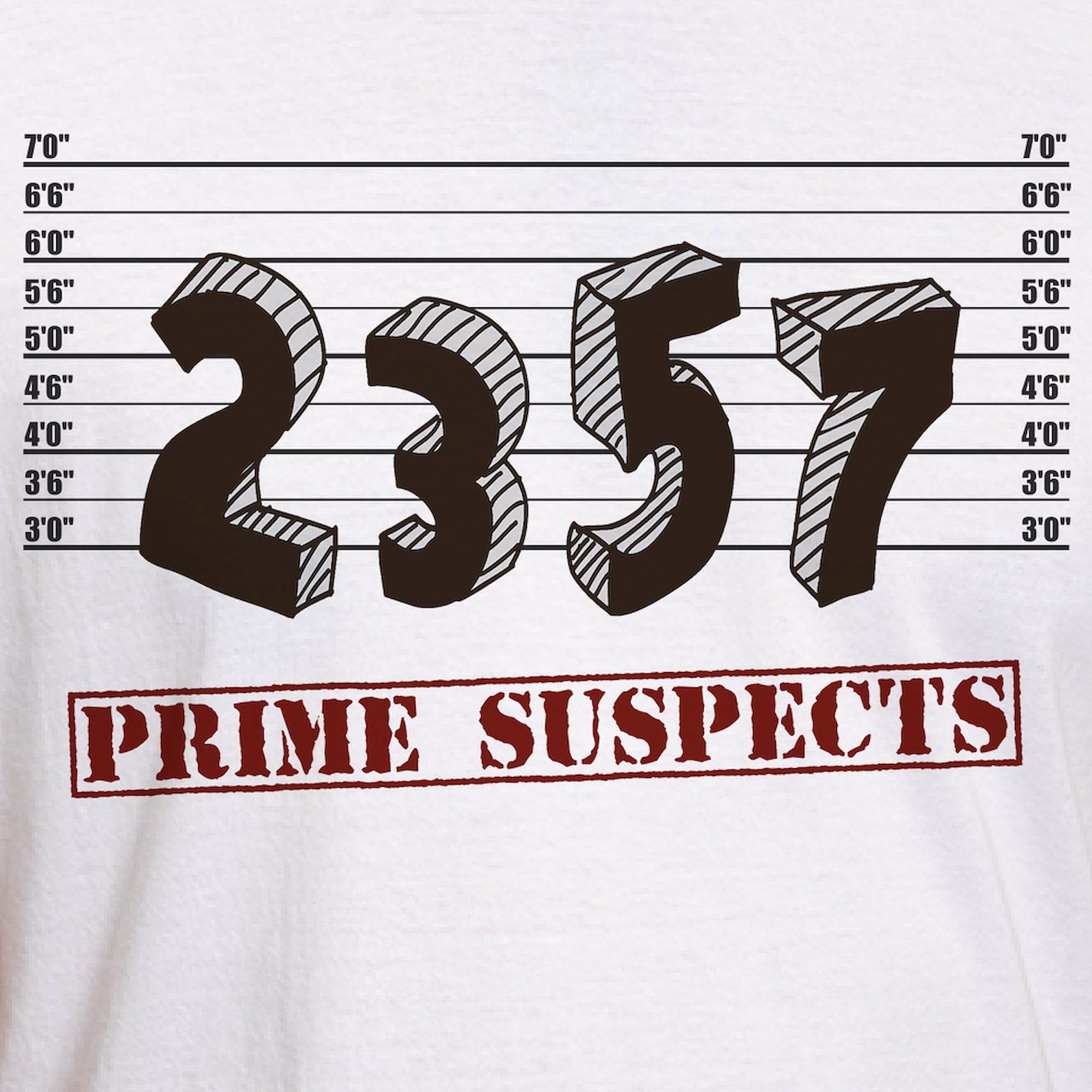 Prime Number Suspects Graphic T-Shirt for Men - Classic Semi-Fitted Cotton Tee - Perfect for Math Lovers, Science Geeks & Nerdy Gift Ideas
