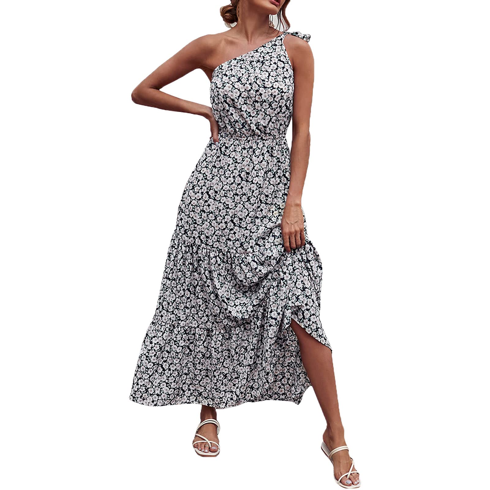 ASNOUIFU Women's Floral Print Long Dress - One Shoulder Sleeveless Ruffle Hem Blouson Dress for Summer Beach, Party & Vacation | Elegant Boho Style