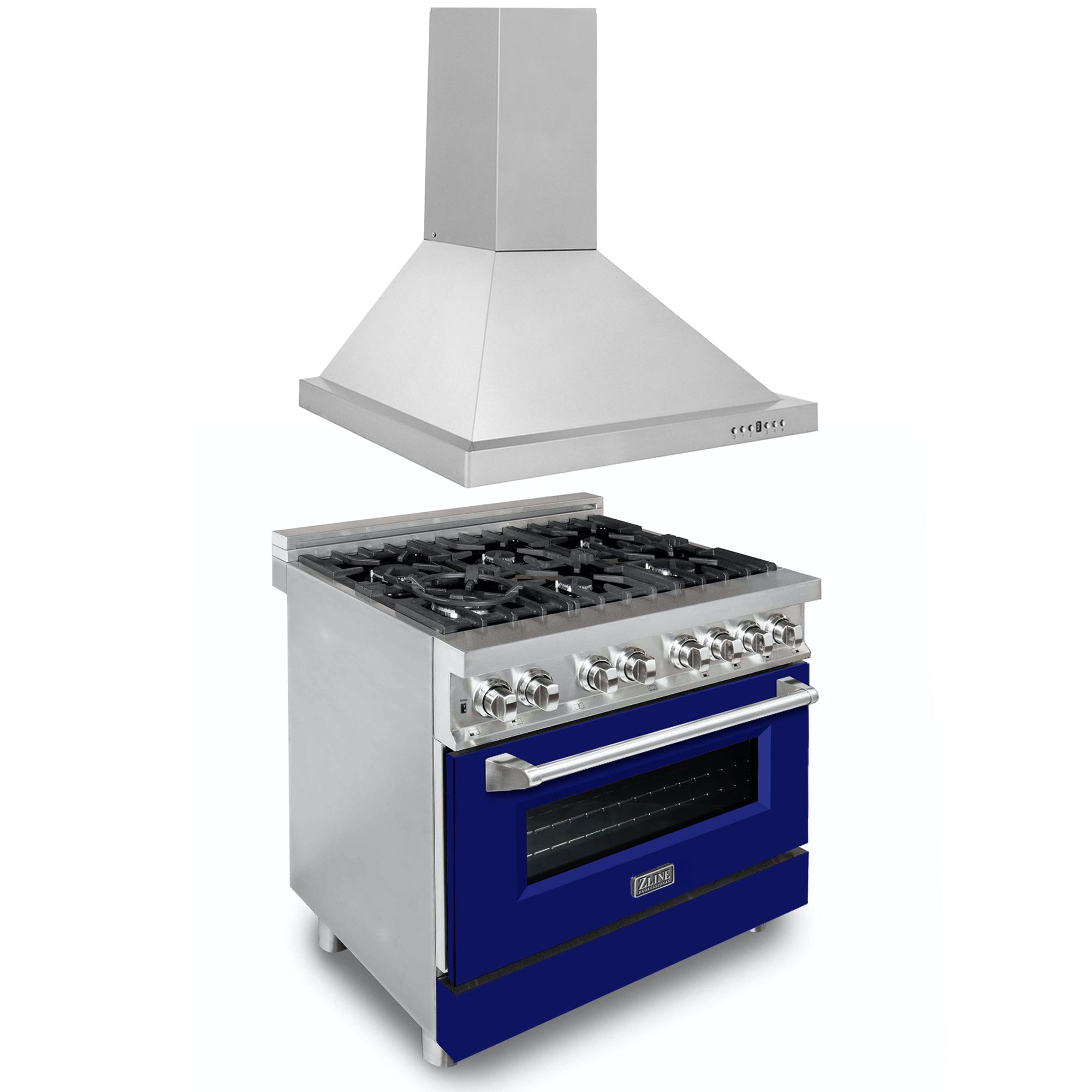 ZLINE 36 Inch Stainless Steel Dual Fuel Range with Blue Matte Door & Convertible Vent Hood - Professional Kitchen Package (2KP RABMRH36) for Home Chefs & Restaurant-Style Cooking
