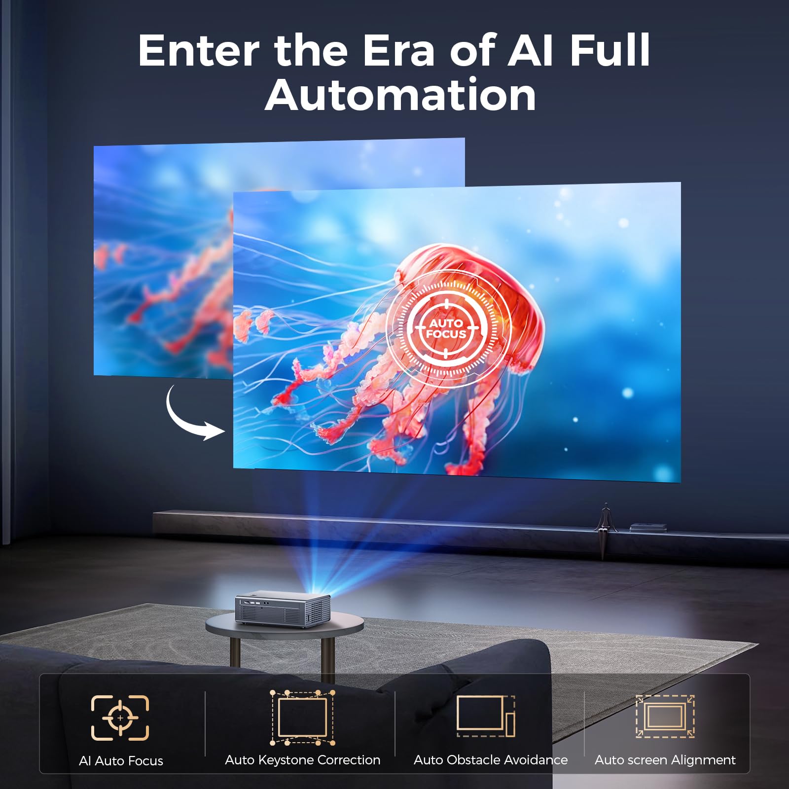 4K WiFi 6 Bluetooth 5.2 Projector - 850ANSI 1080P Outdoor Movie Projector with Auto Focus & Vertical Keystone - Compatible with iOS/Android/TV Stick - Perfect for Home Theater, Backyard Movies, and Presentations