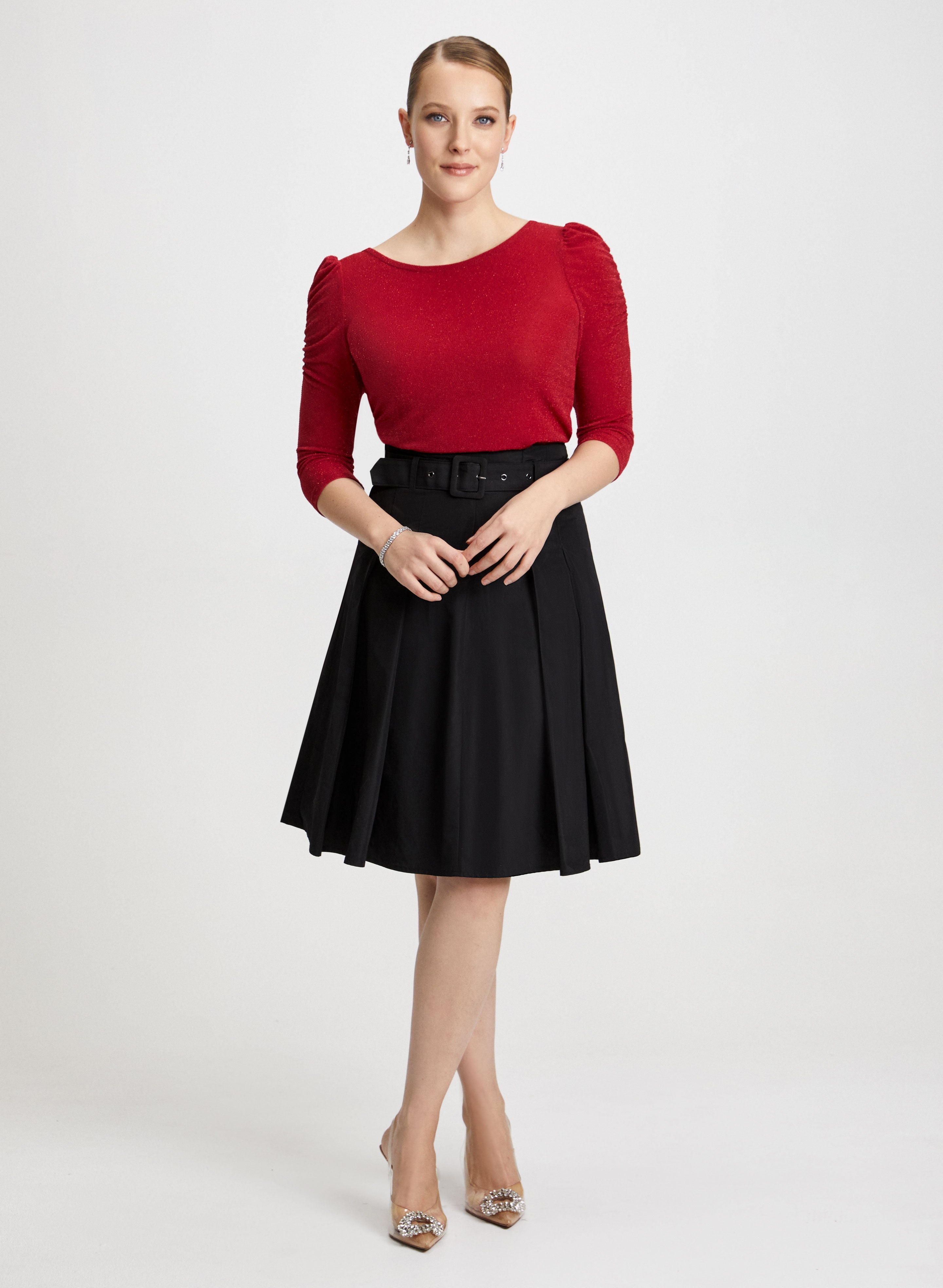 Flared Skirt with Shirred Sleeve Top - Women's Fashion Outfit for Casual Wear, Date Night & Office Attire
