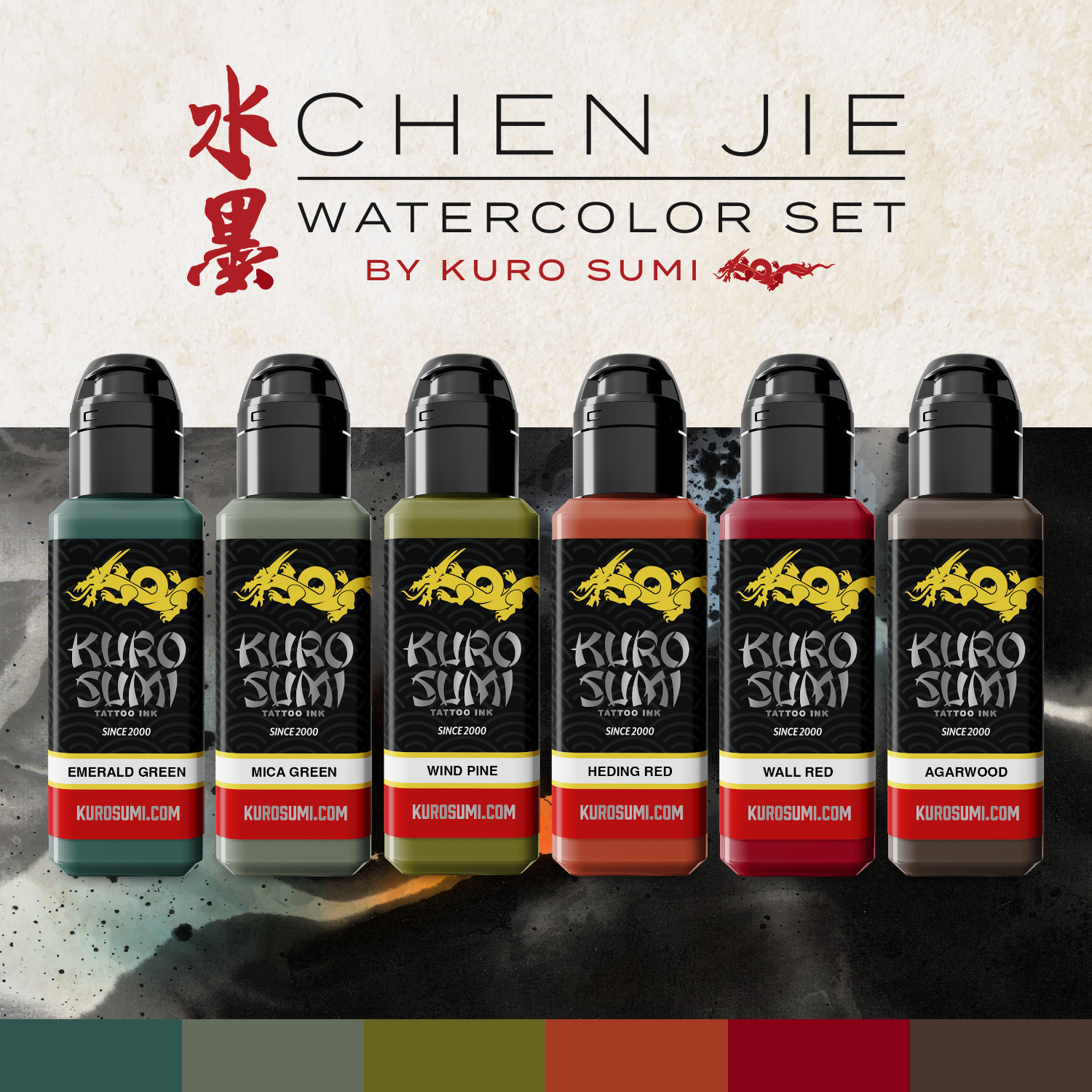 Chen Jie Professional Watercolor Paint Set - 6 Bottles (1.5oz Each) of Kuro Sumi Tattoo Ink for Artists - Perfect for Watercolor Painting, Tattoo Design & Calligraphy