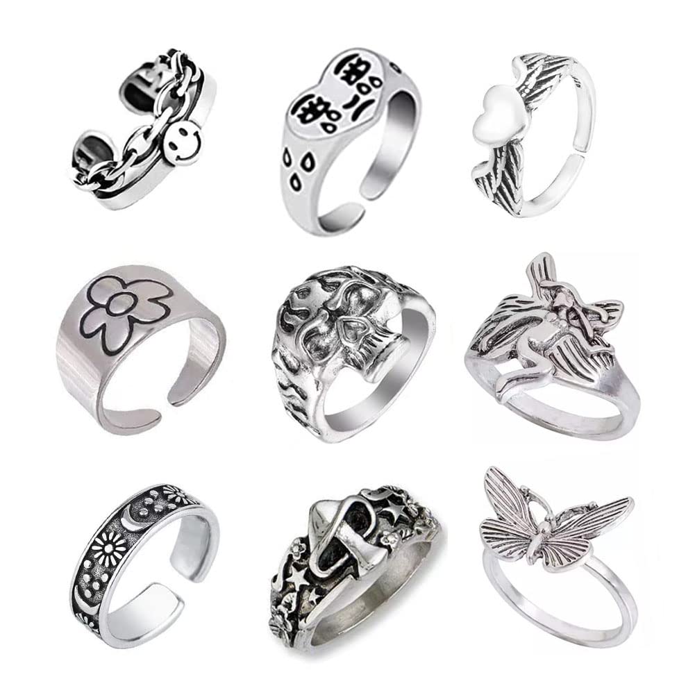 9pcs Y2K Indie Rings Set - Silver Mushroom, Butterfly, Heart, Skull & Angel Wings Rings for Women, Teen Girls & Men | Trendy Boho Jewelry for Parties, Gifts & Everyday Wear