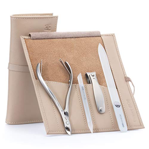 Premium GERMANIKURE 4-Piece Professional Manicure Set - Stainless Steel Nail Tools & Czech Glass Files in Beige Leather Case - German Made Cuticle Trimmer, Nail Clippers, Scissors - Perfect for Home Salon & Travel Nail Care