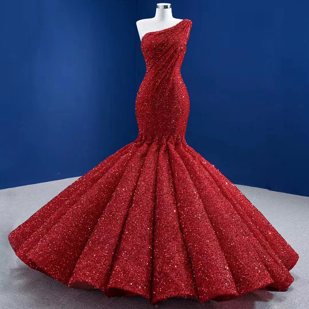 Elegant Red One Shoulder Mermaid Evening Dress with Sequins & Beading for Women - 2025 Luxury Bridal Gown & Party Wear - Perfect for Weddings, Galas & Formal Events HM67447