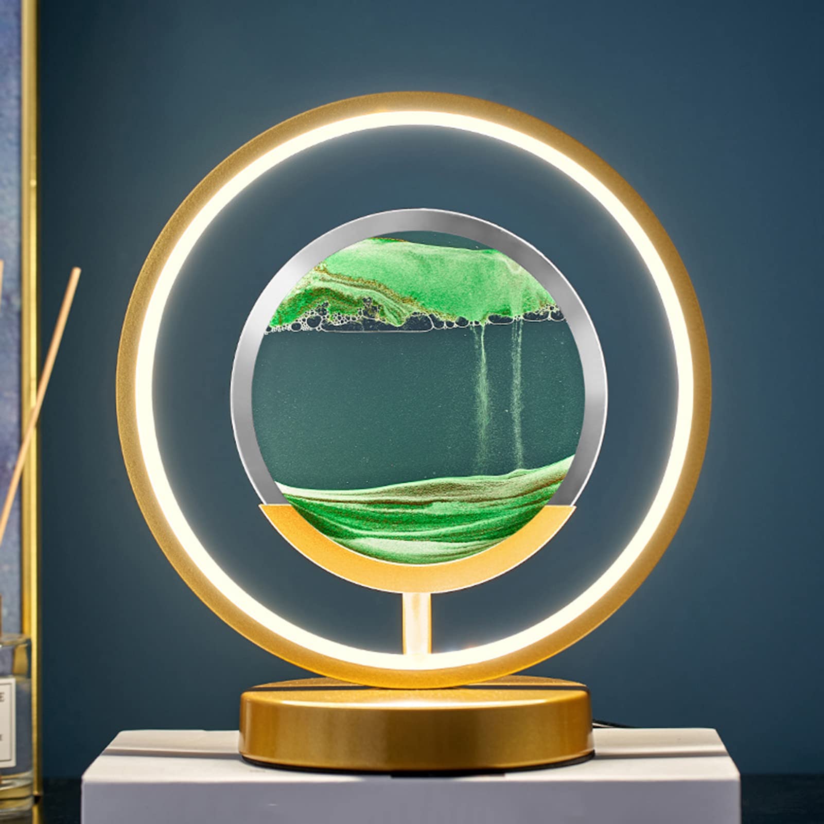 WLWMCFXPWH LED Moving Sand Art Hourglass Lamp - 3D Scenery Round Glass Night Light for Bedroom, Desktop, Desk Decor | Flowing Sand Frame Art Picture for Adults & Kids | Perfect Gift Idea for Home, Office, Meditation Room (Green)