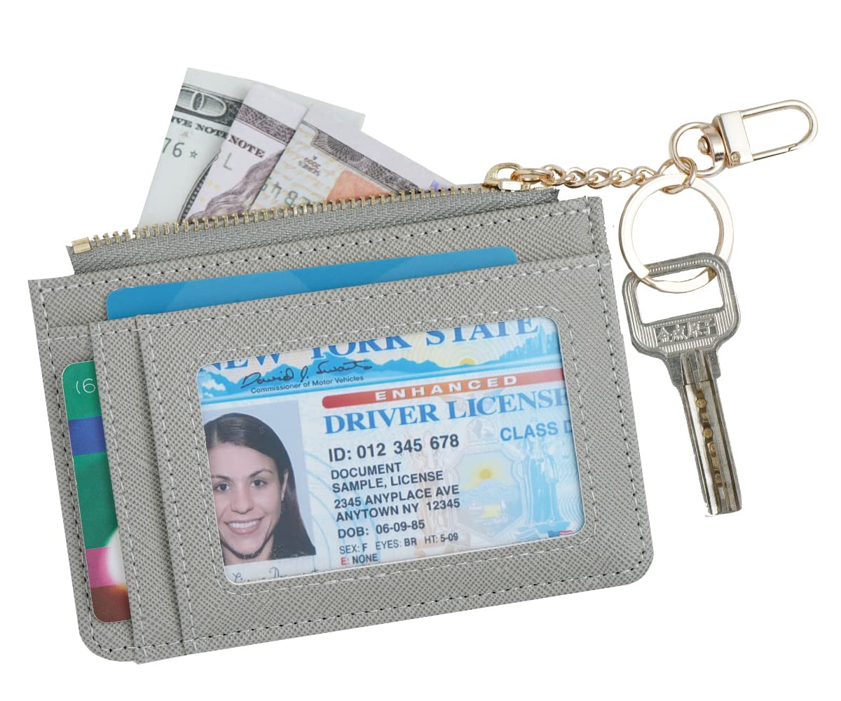 Prometheism Women's Slim Leather Minimalist Front Pocket Wallet - RFID Blocking Card Holder with ID Window & Keychain (Grey) - Perfect for Travel, Work & Everyday Use