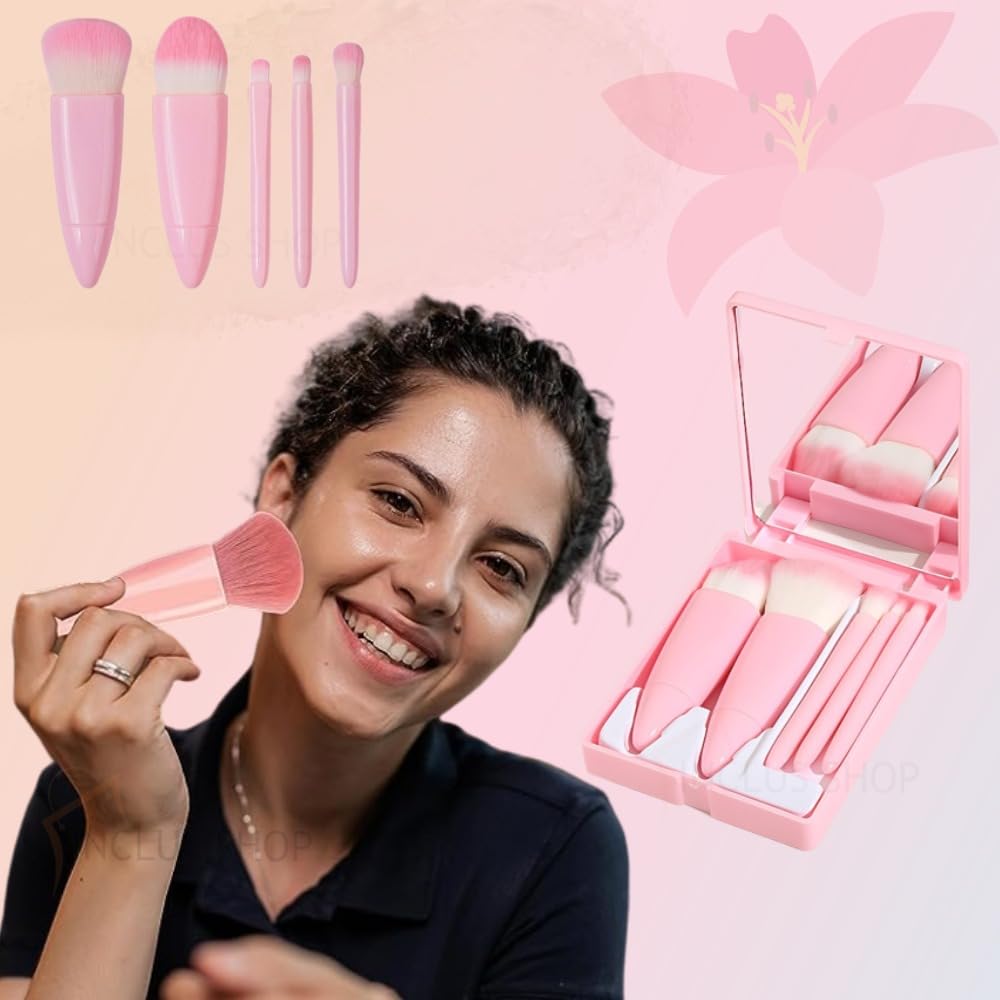 MR.KACHARIYA® 5-Piece Professional Makeup Brush Set - Travel Friendly Small Cosmetic Brushes with Built-in Mirror Case for Foundation, Eyeshadow, Powder & Blush - Perfect for On-the-Go Makeup & Travel Essentials (Pink)