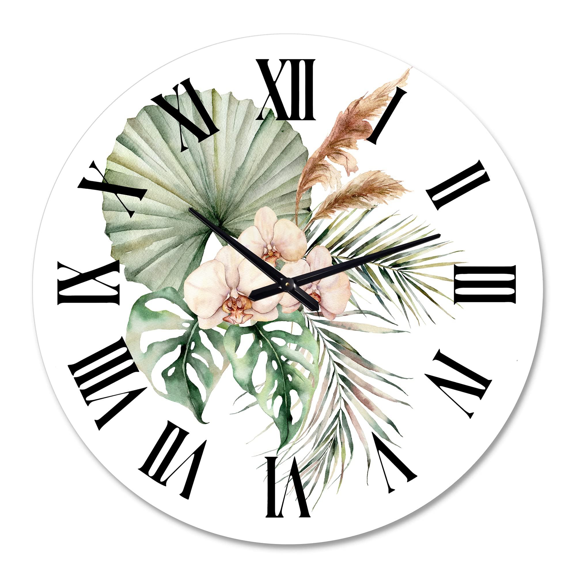 DesignQ Tropical Bouquet Wall Clock with Orchids & Palm Leaves - Large Floral Botanical Wall Decor for Living Room, Bedroom, Office | Perfect for Home, Office & Gift Giving