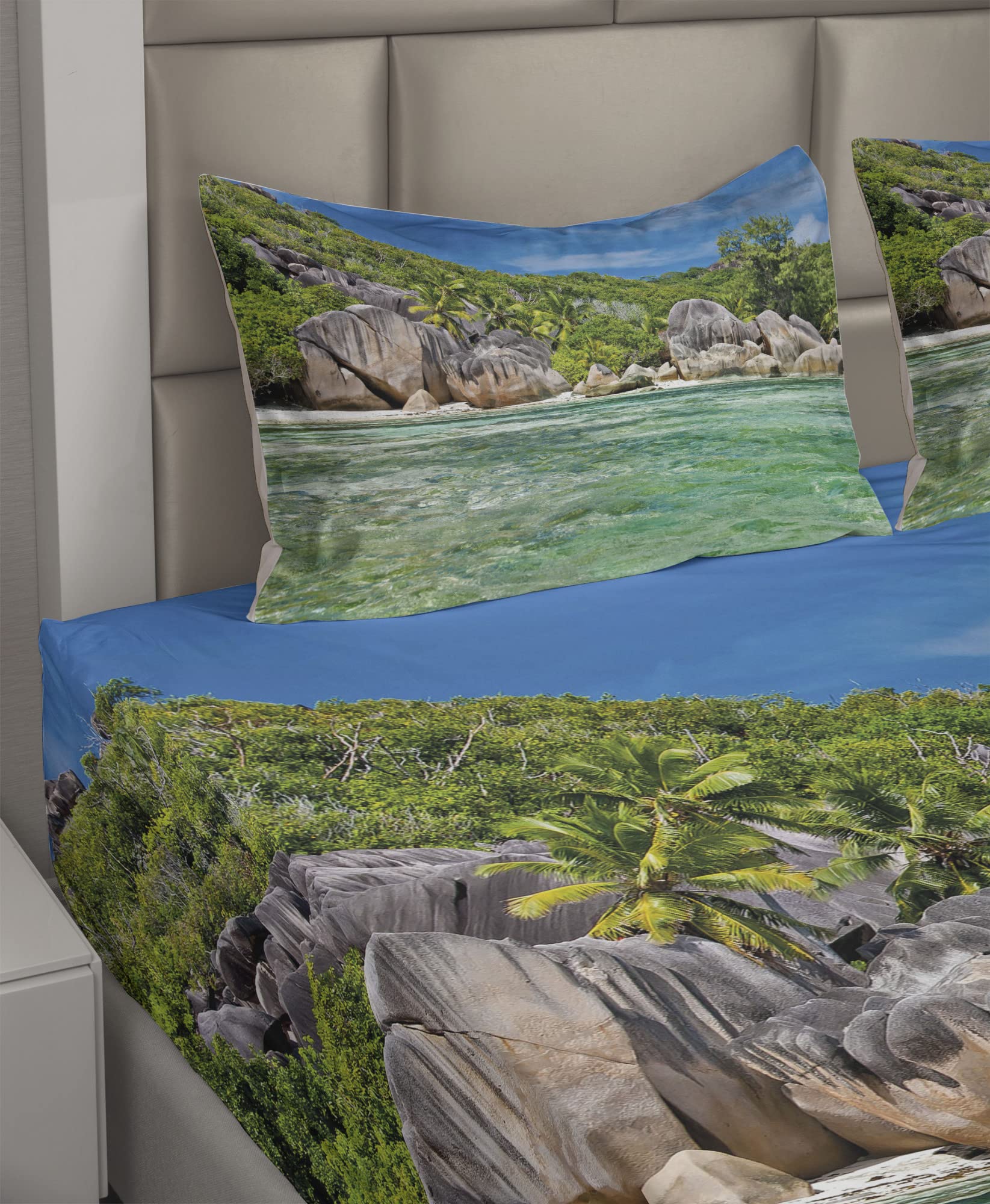 Ambesonne Tropical Sheet Set - Seychelles Island Landscape with Trees & Sky Digital Print, 4-Piece King Size Bedding Set (Fitted Sheet, Flat Sheet, 2 Pillowcases) in Blue & Fern Green - Perfect for Beach & Tropical Themed Bedrooms