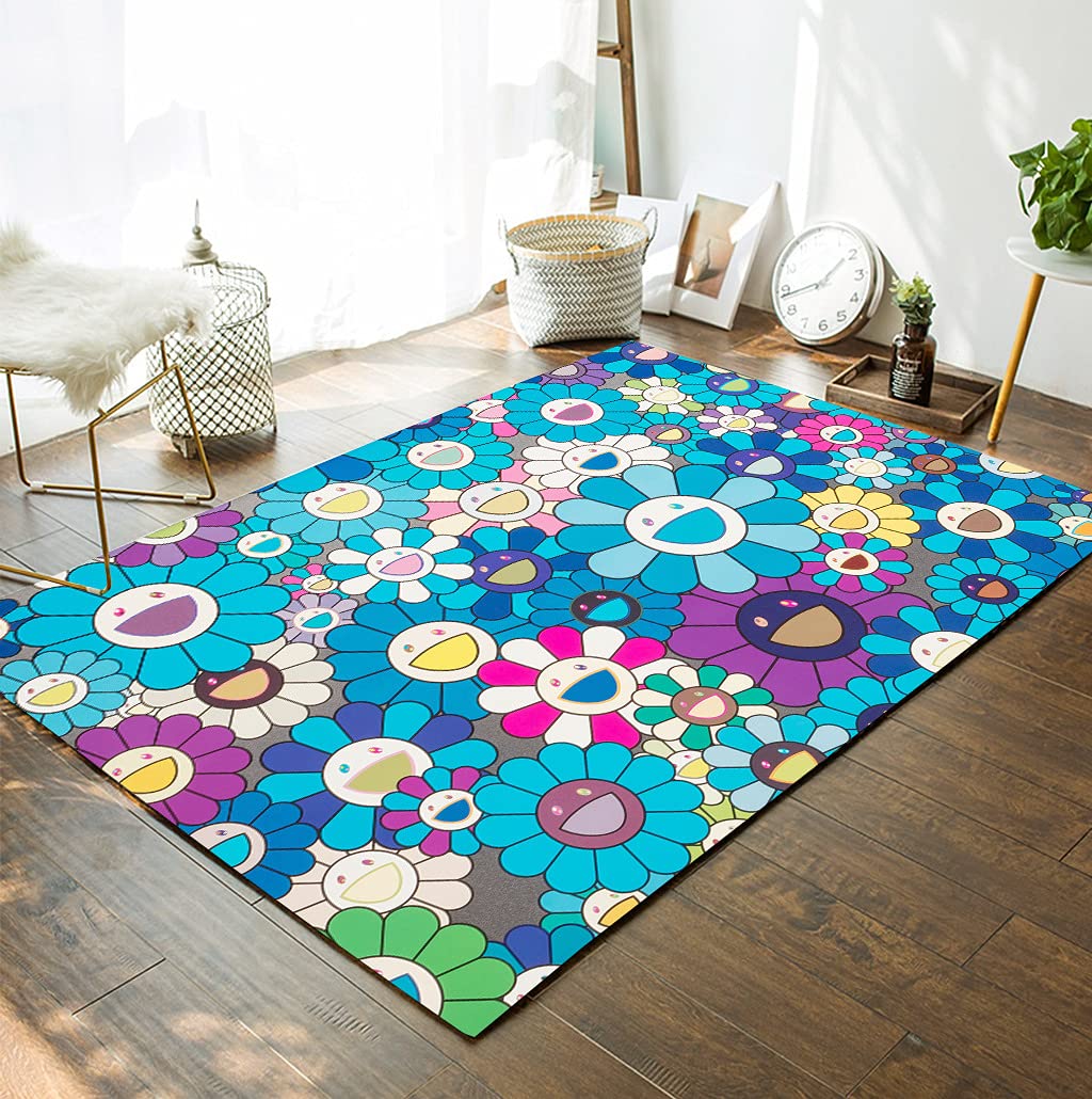Stylish Sunflower Pattern Area Rug - Non-Slip Washable Turquoise Blue Carpet for Living Room, Nursery, Kitchen & Bathroom (6x9) - Perfect for Bohemian Home Decor & Cozy Spaces