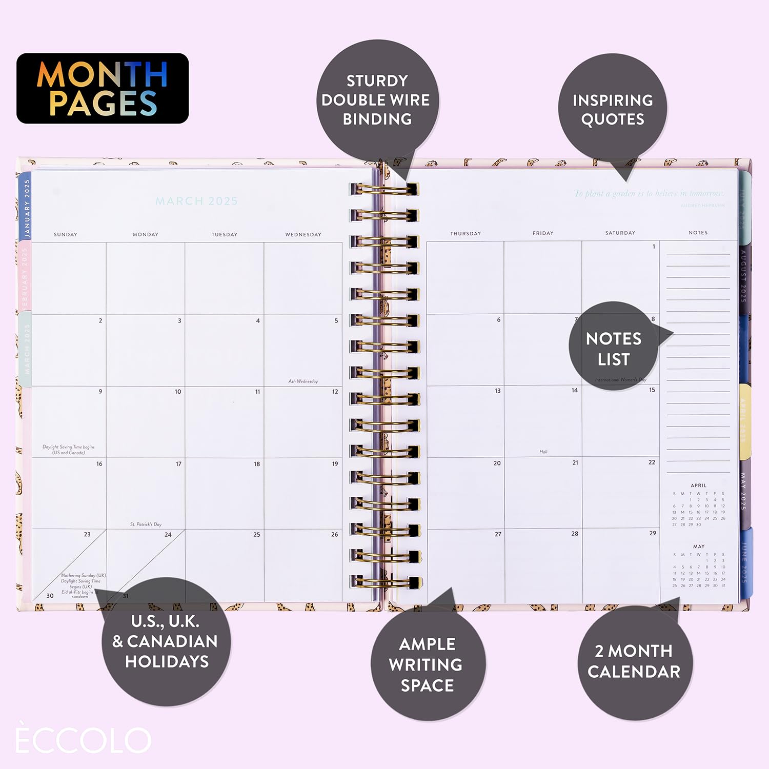 2025 Eccolo Spiral Planner - Cheetah Print Weekly & Monthly Agenda with Sticker Sheets & Motivational Quotes - 7.75