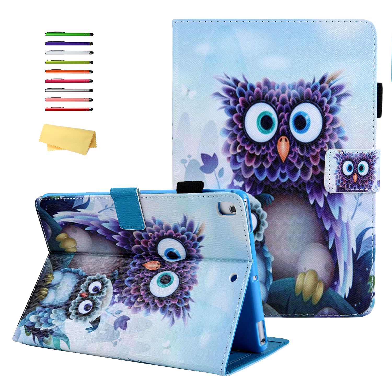 Premium iPad Case for iPad 6th/5th Gen, iPad 9.7 inch 2018/2017, iPad Air 2/Air 1 - Slim Folio Stand Cover with Pencil Holder & Auto Sleep/Wake Feature (Purple Owls Design) - Perfect for Work, School & Travel