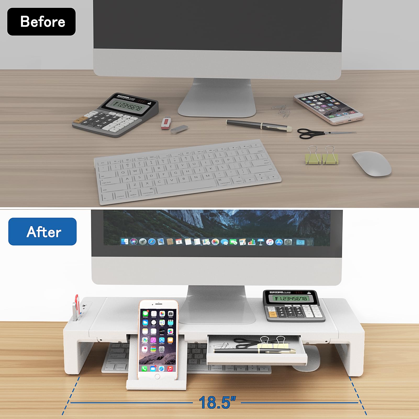 Adjustable Foldable Monitor Stand Riser with USB 3.0 Hub & Charging Port - Ergonomic Laptop & Computer Monitor Stand with Storage Drawer & Tablet Holder - Perfect for Home Office, Gaming Setup & Workspace Organization