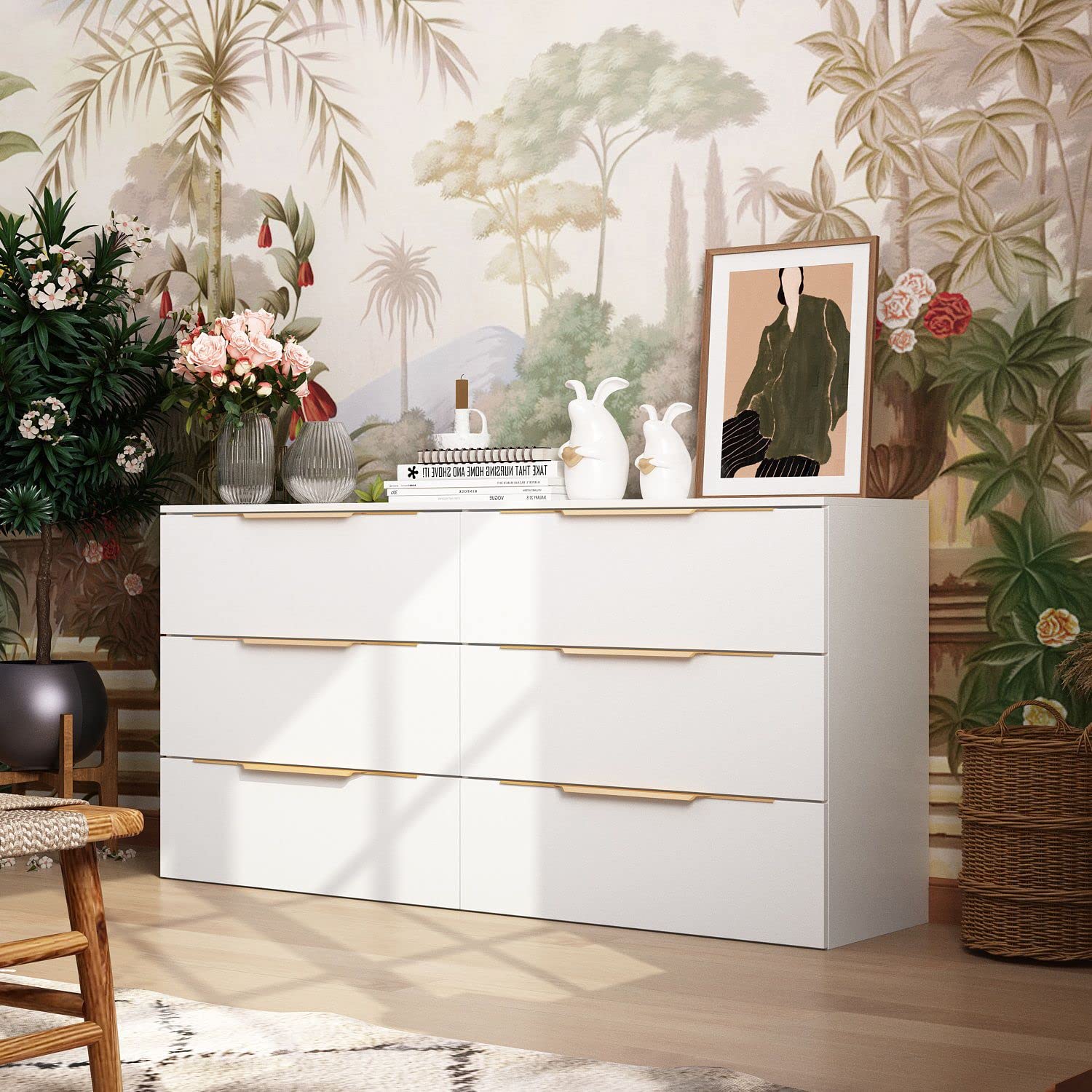 FAMAPY 6-Drawer Wooden Dresser with Metal Handles, White Bedroom Chest of Drawers (62.9