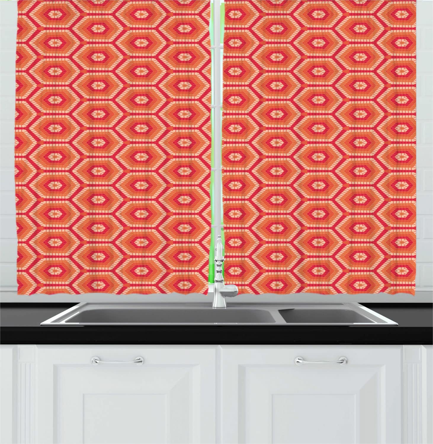 Ambesonne Abstract Hexagonal Striped Kitchen Curtains - Warm Tangerine & Salmon Color Drapes with Rod Pocket, 55