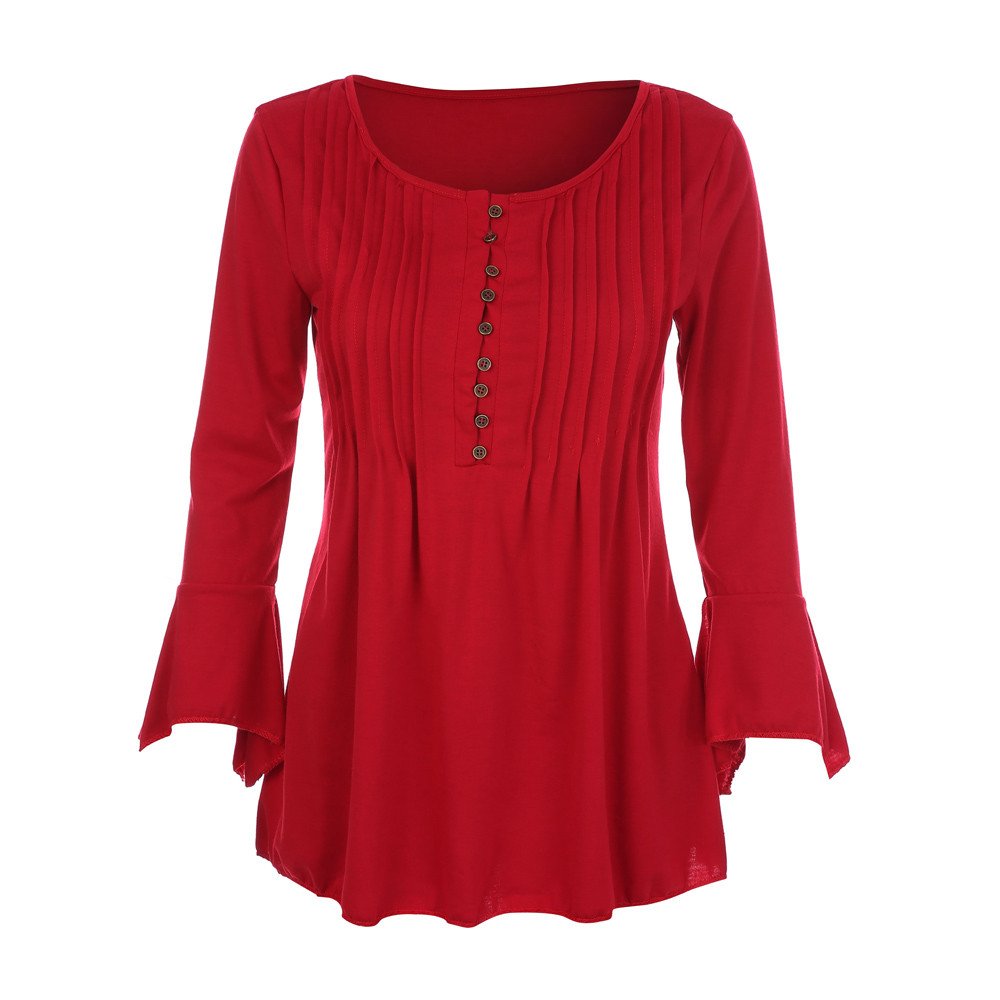 Women's Autumn V-Neck Lace Trim 3/4 Flare Sleeve Button-Up Tunic Blouse - Casual Daily Wear for Work & Weekend Outfits