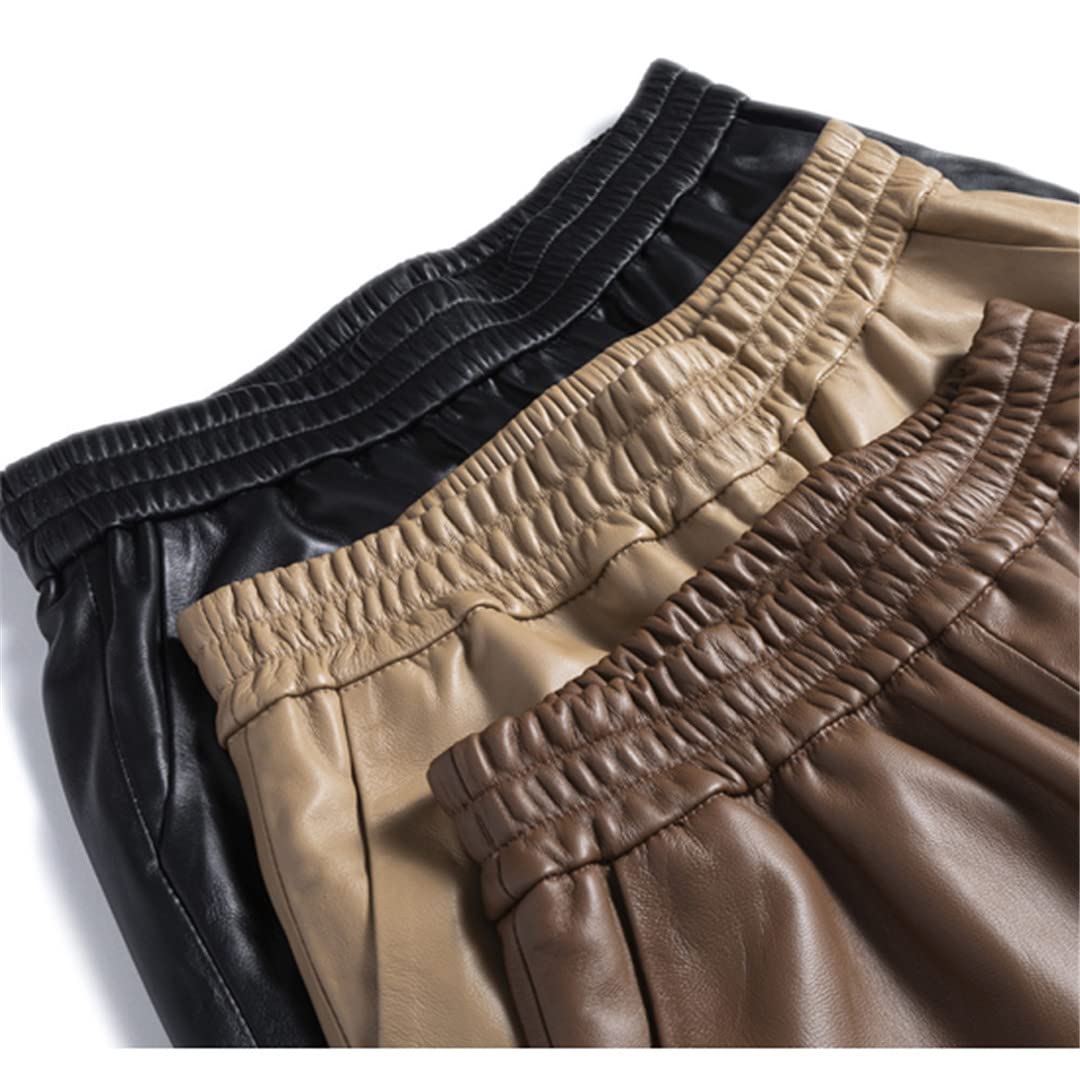 Wvapzxx Women's Real Leather Knee-Length Bermuda Shorts - Elastic Waist, Wide Leg Design with Pockets | Perfect for Casual Outings, Summer Vacations & Stylish Everyday Wear