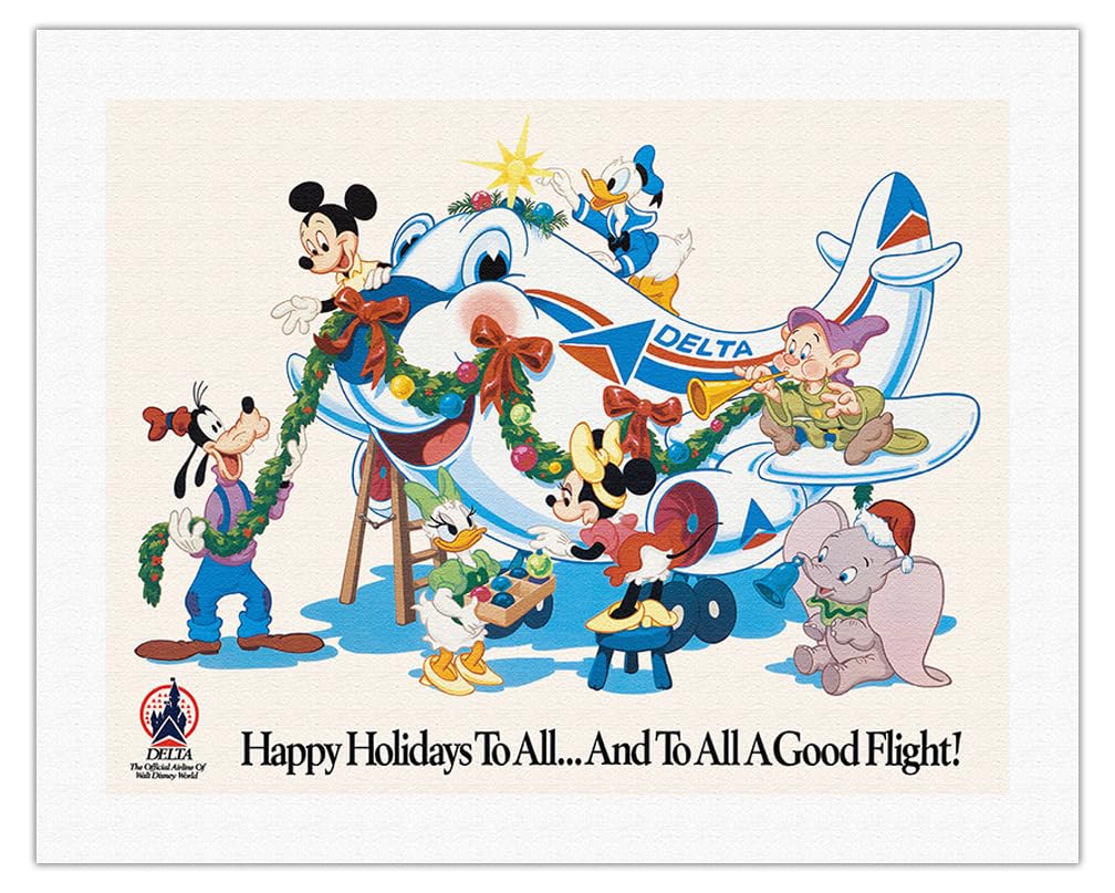 Vintage 1960s Mickey Mouse & Disney Characters Happy Holidays Travel Poster - Delta Air Lines Official Disney World Airline - Fine Art Rolled Canvas Print 20x26 inches - Perfect for Disney Fans, Vintage Decor, Home & Office Wall Art
