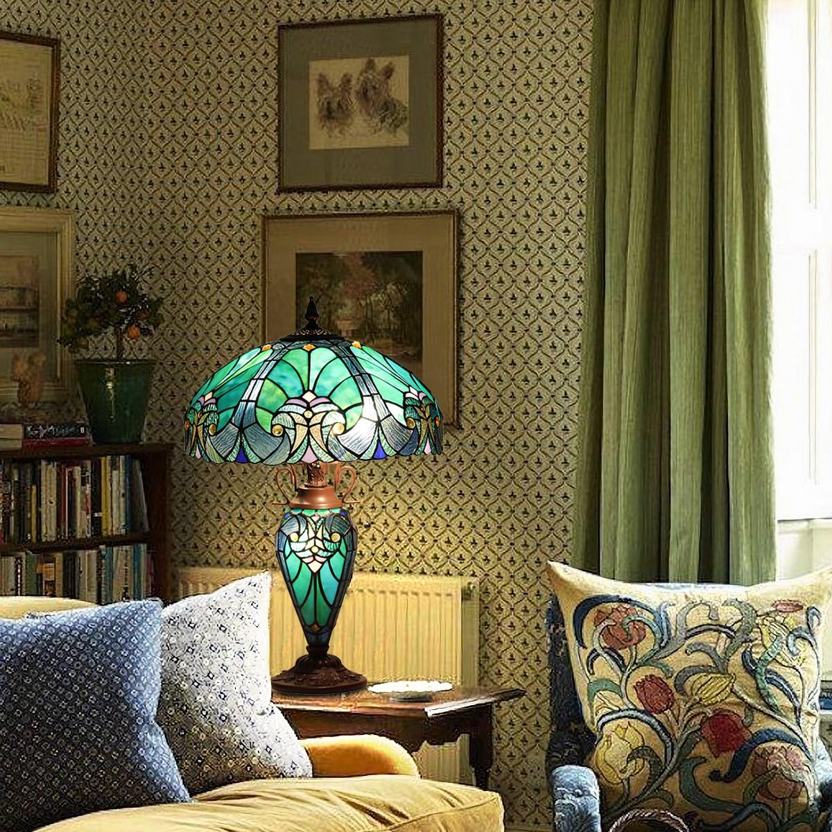 Tiffany Style 16 Inch Stained Glass Table Lamp - Victorian Sea Green Antique Desk Light with Night Light, 3 Bulb Capacity - Perfect for Living Room, Bedroom, and Office Decor