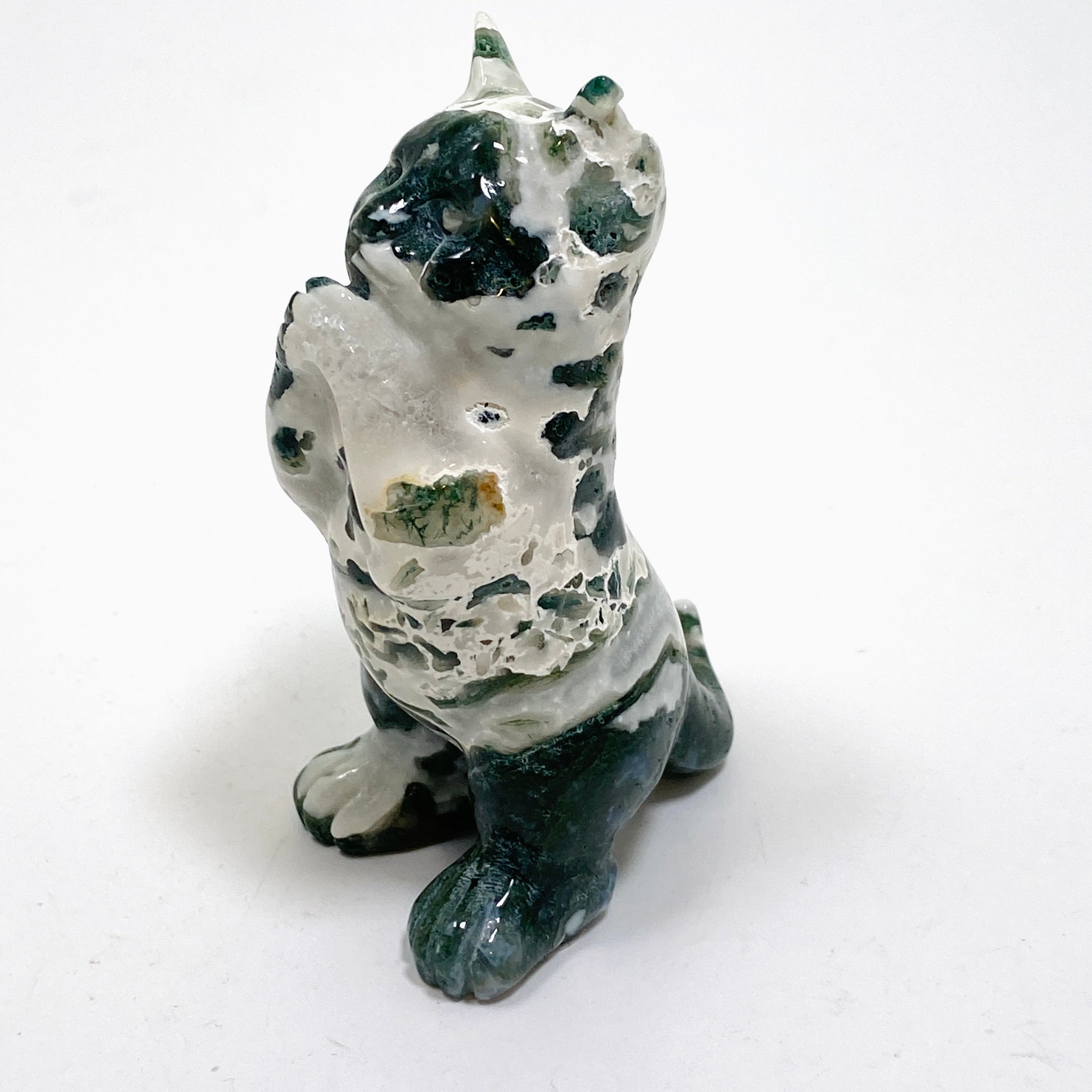 Natural Moss Agate Cat Carving Handmade Figurine - MAC 04 - Spiritual Healing Stone for Home Decor, Meditation & Gifts