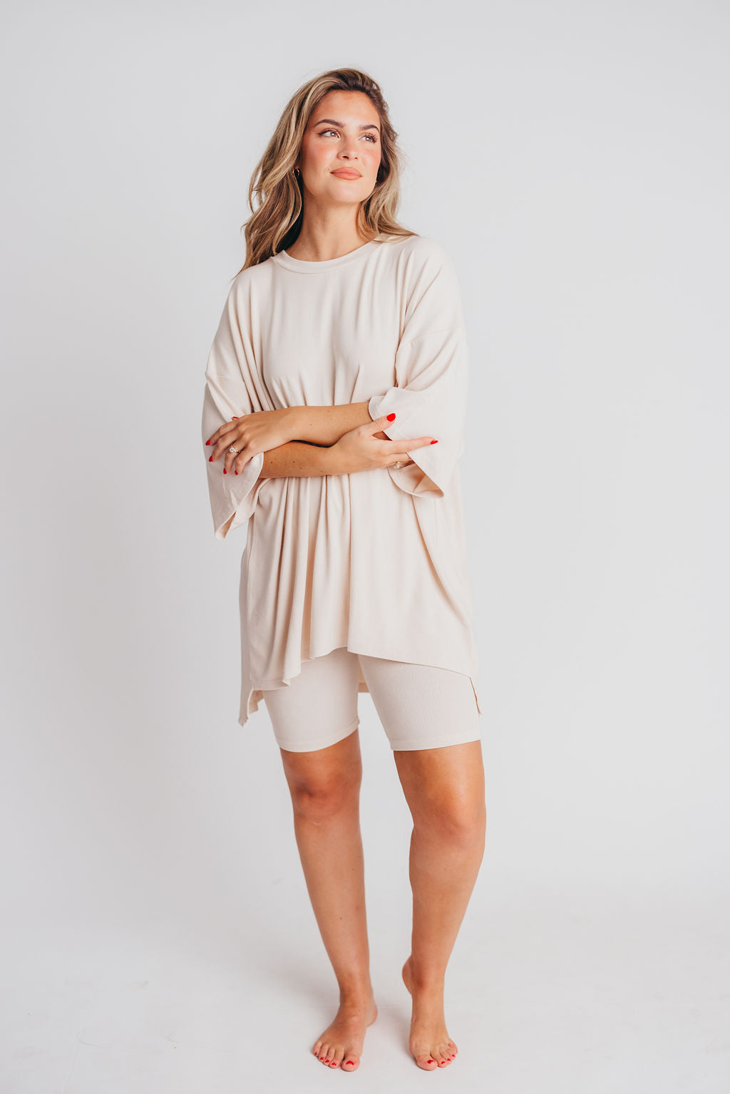 All Weekend Long Set - Soft Short Sleeve Loungewear in Oatmeal | Cozy Casual Outfit for Home, Travel & Relaxation