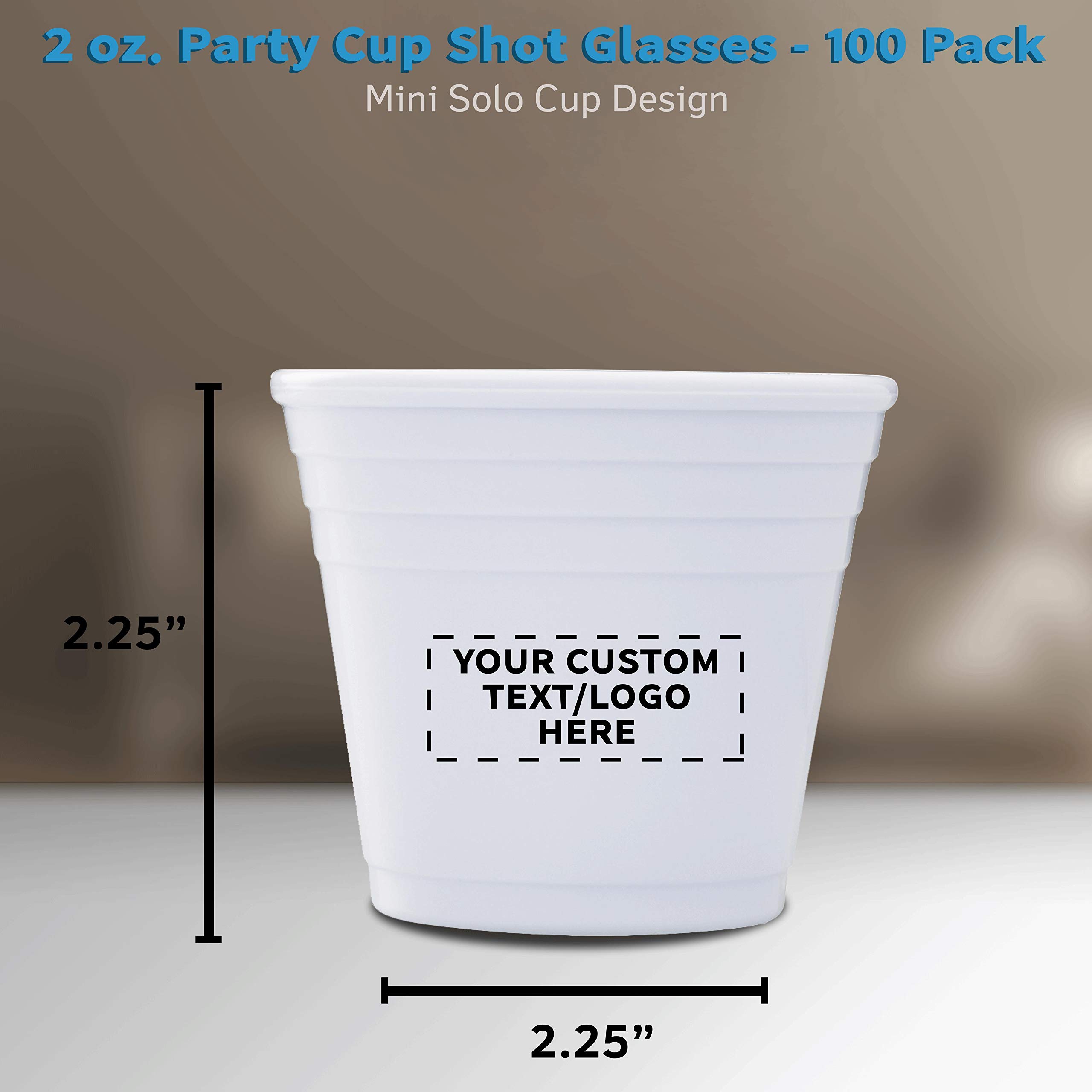 Custom 2 oz Plastic Shot Glasses Bulk Pack of 100 - Personalized Party Cups for Birthdays, Weddings & Events - Durable White Drinking Glasses for Indoor/Outdoor Use - Perfect for Bars, Tailgates & Celebrations