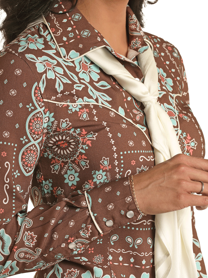 Panhandle LWN2S03391 Women's Bandana Snap Retro Ascot Shirt in Brown - Vintage Style Blouse for Casual Outfits & Western Fashion