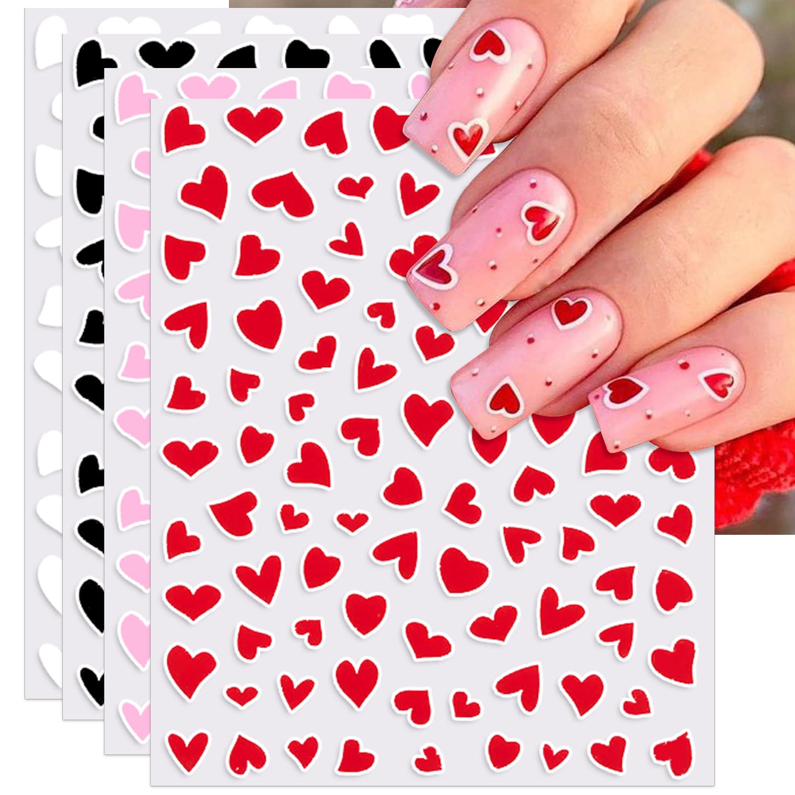 Valentine's Day Nail Art Stickers - Self-Adhesive 3D Heart Nail Decals in Black, White, Red & Pink for DIY Manicure | Perfect for Date Nights, Weddings & Romantic Occasions (6 Sheets)