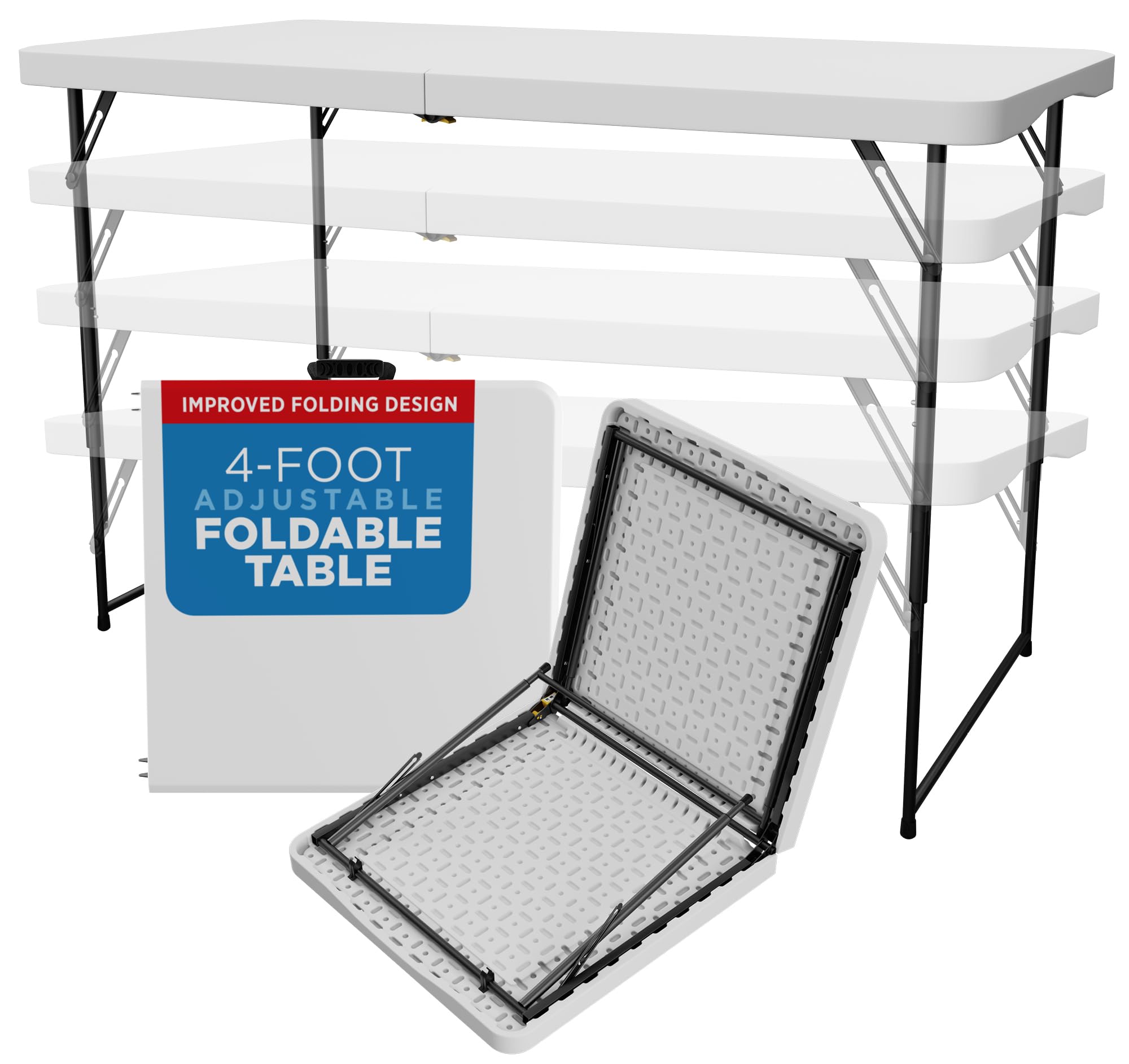 Sorfey 4-Foot Folding Table 24 Inch Wide - Adjustable Height (4 Settings) White Plastic Portable Table for Camping, Picnics, Parties & Outdoor Events