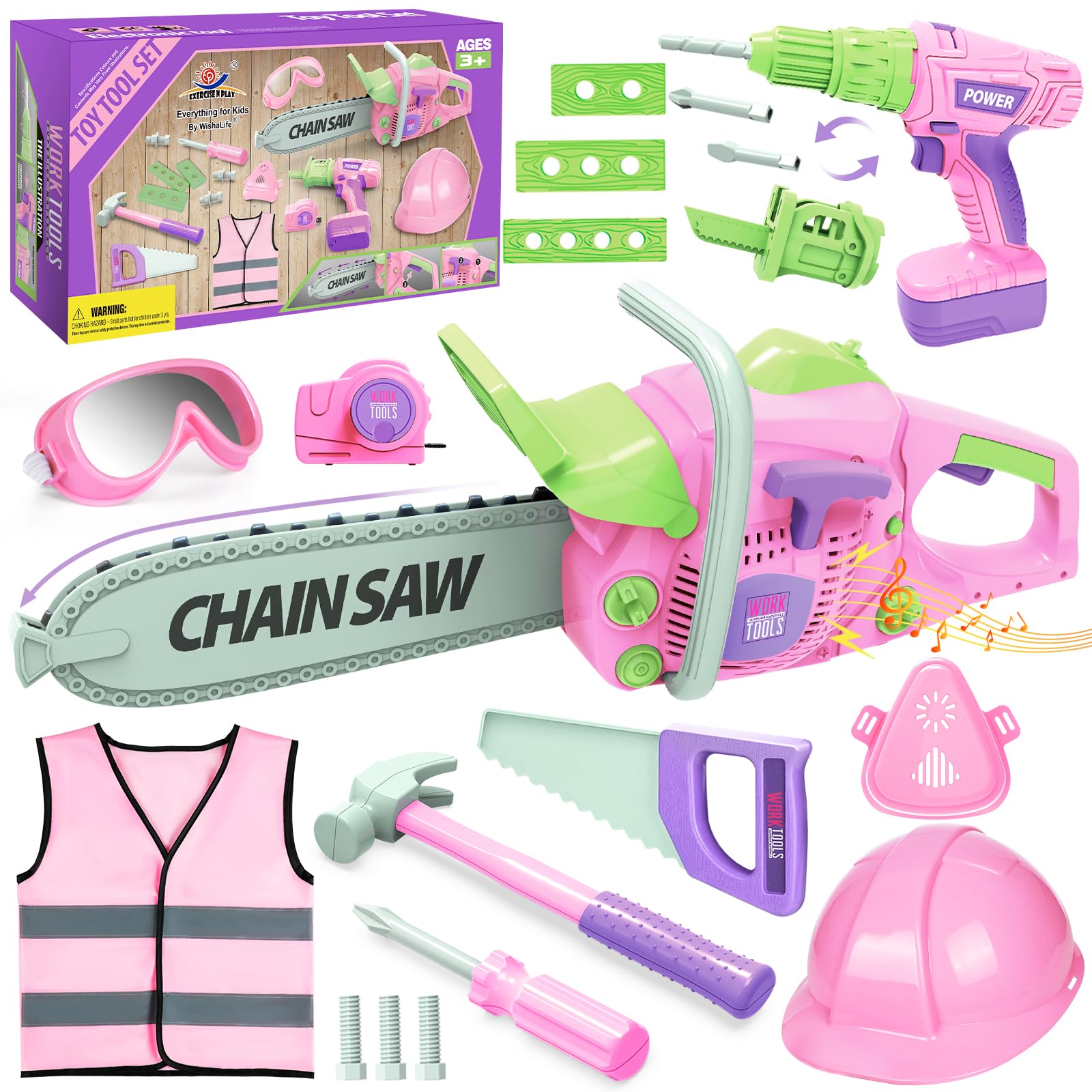 Pink Kids Tool Set for Girls - Toy Chainsaw, Electric Drill & Construction Accessories | STEM Learning Pretend Play Tool Kit for Toddlers Ages 3-7 | Birthday Gift & Indoor Outdoor Playtime Fun