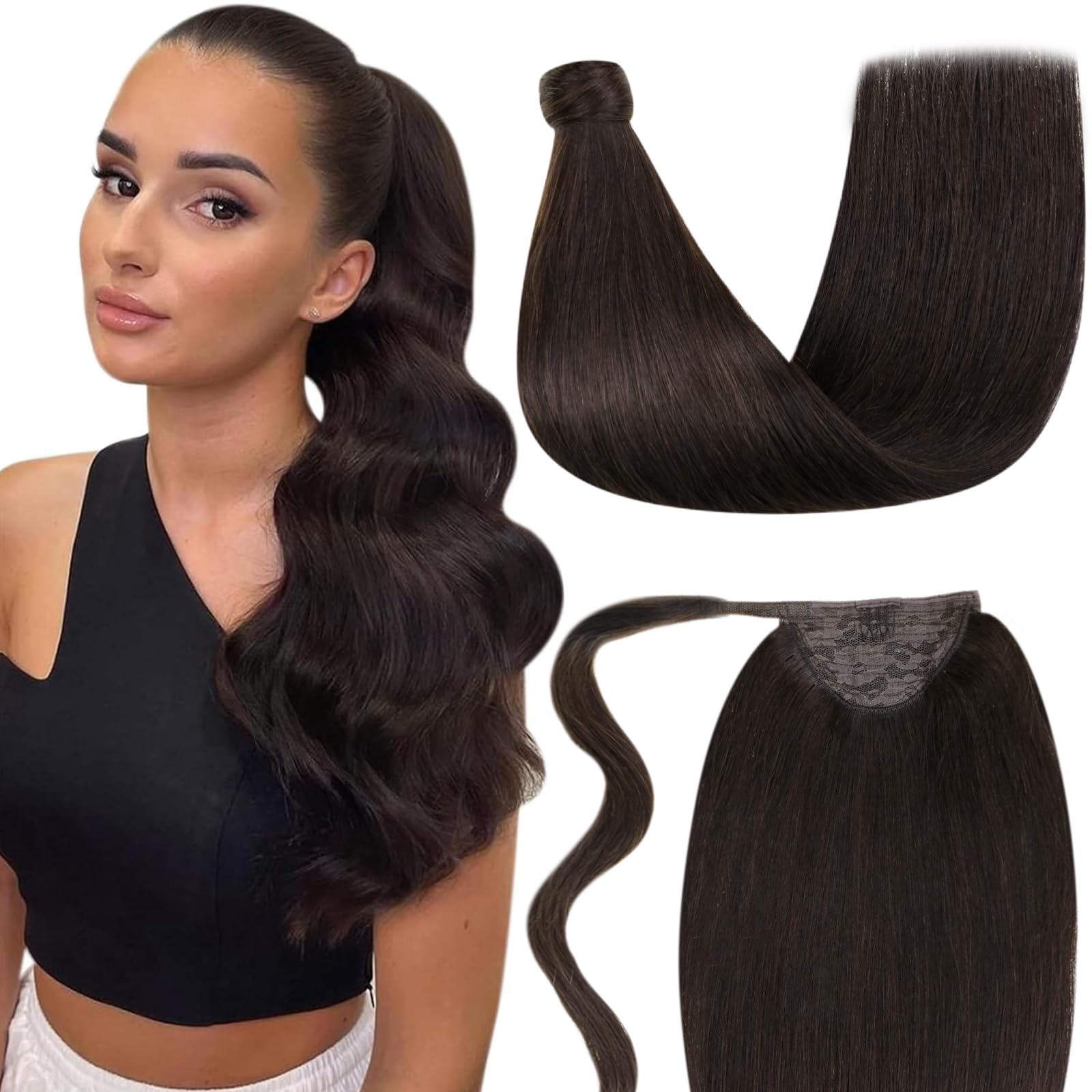 LaaVoo 14 Inch Clip-in Ponytail Hair Extension - 100% Human Hair, Darkest Brown, 70g | Natural Look for Everyday Wear, Parties & Special Occasions