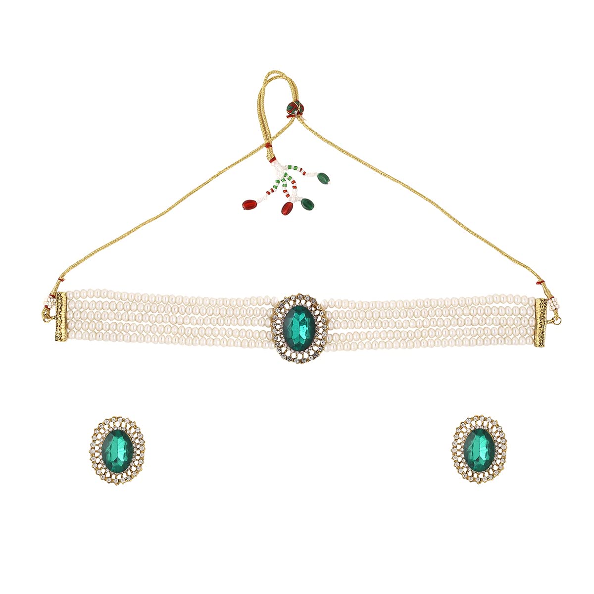 Yellow Chimes Jewelry Set for Women & Girls - White Beads Necklace & Gold Tone Green Crystal Choker Set | Elegant Birthday & Anniversary Gift for Wife, Daughter, Sister | Perfect for Parties, Weddings & Special Occasions