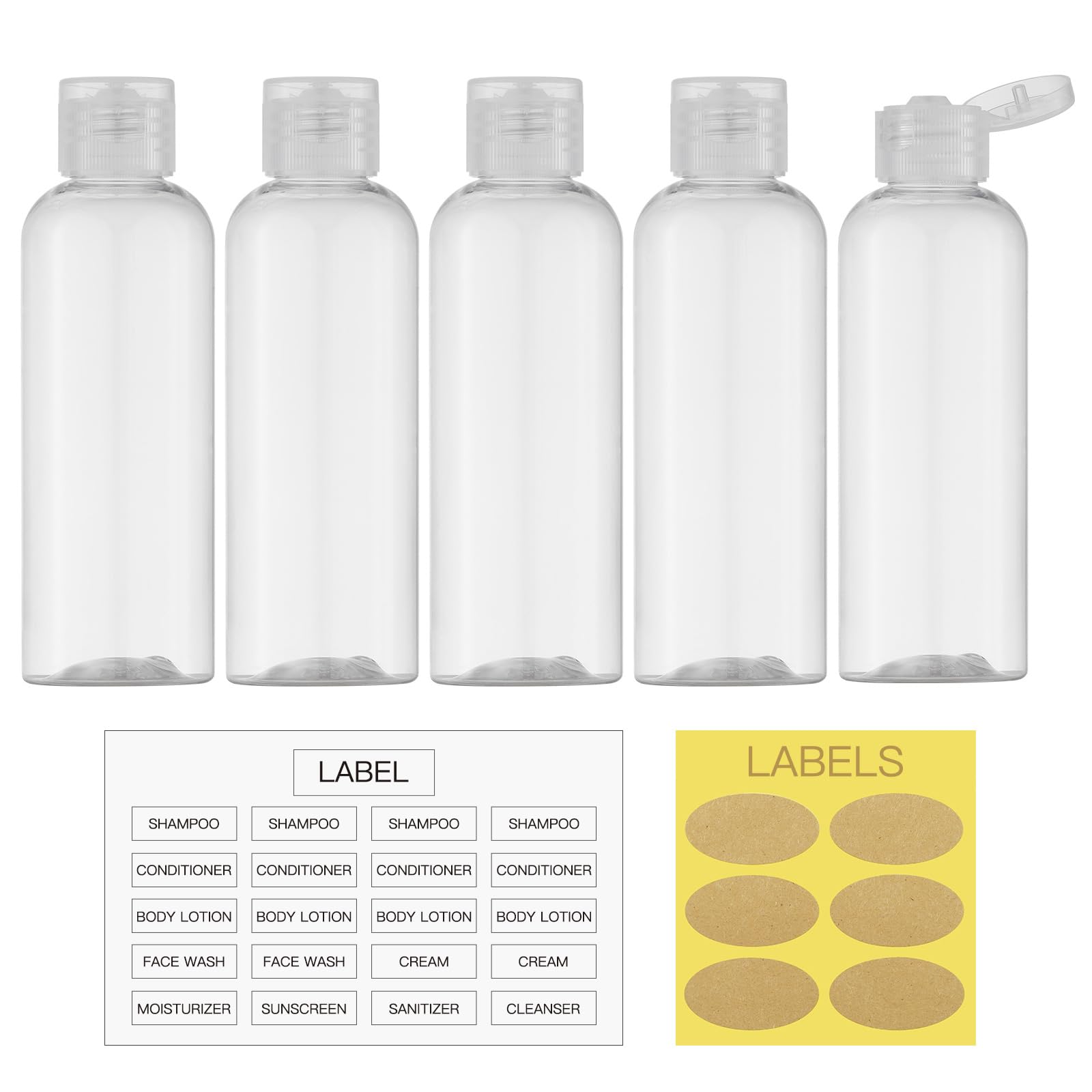 LISAPACK 3.4oz (100ml) Travel Bottles for Toiletries - 5 Pack Clear Leak Proof Shampoo Containers | Perfect for Airplane Carry On, Gym, Camping & Vacation Essentials