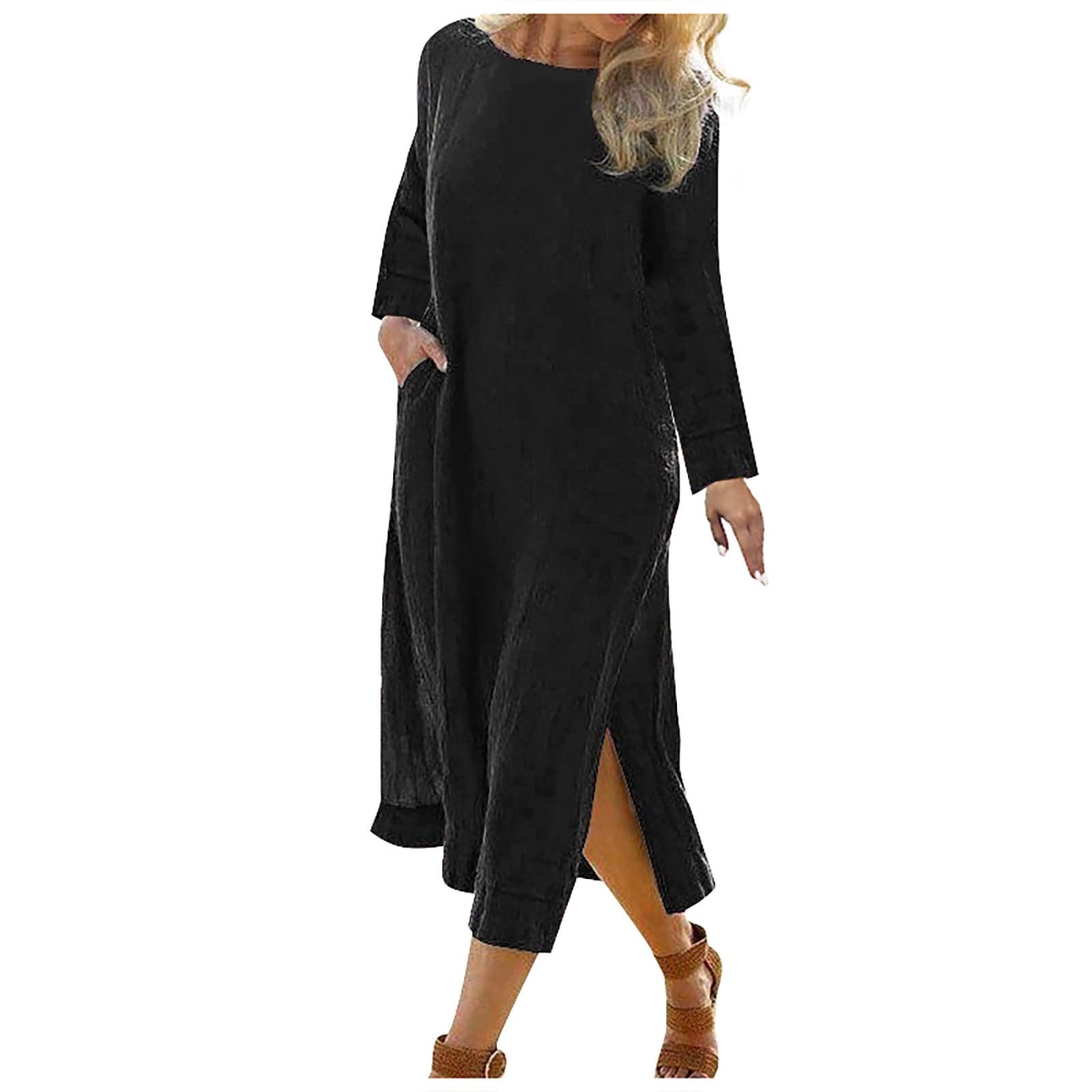 UODSVP Women's Summer Casual Dress - Solid Color Loose Long Sleeve Pocket Tunic Shirt Dress with O-Neck | Perfect for Office Wear, Weekend Outings & Vacation Outfits